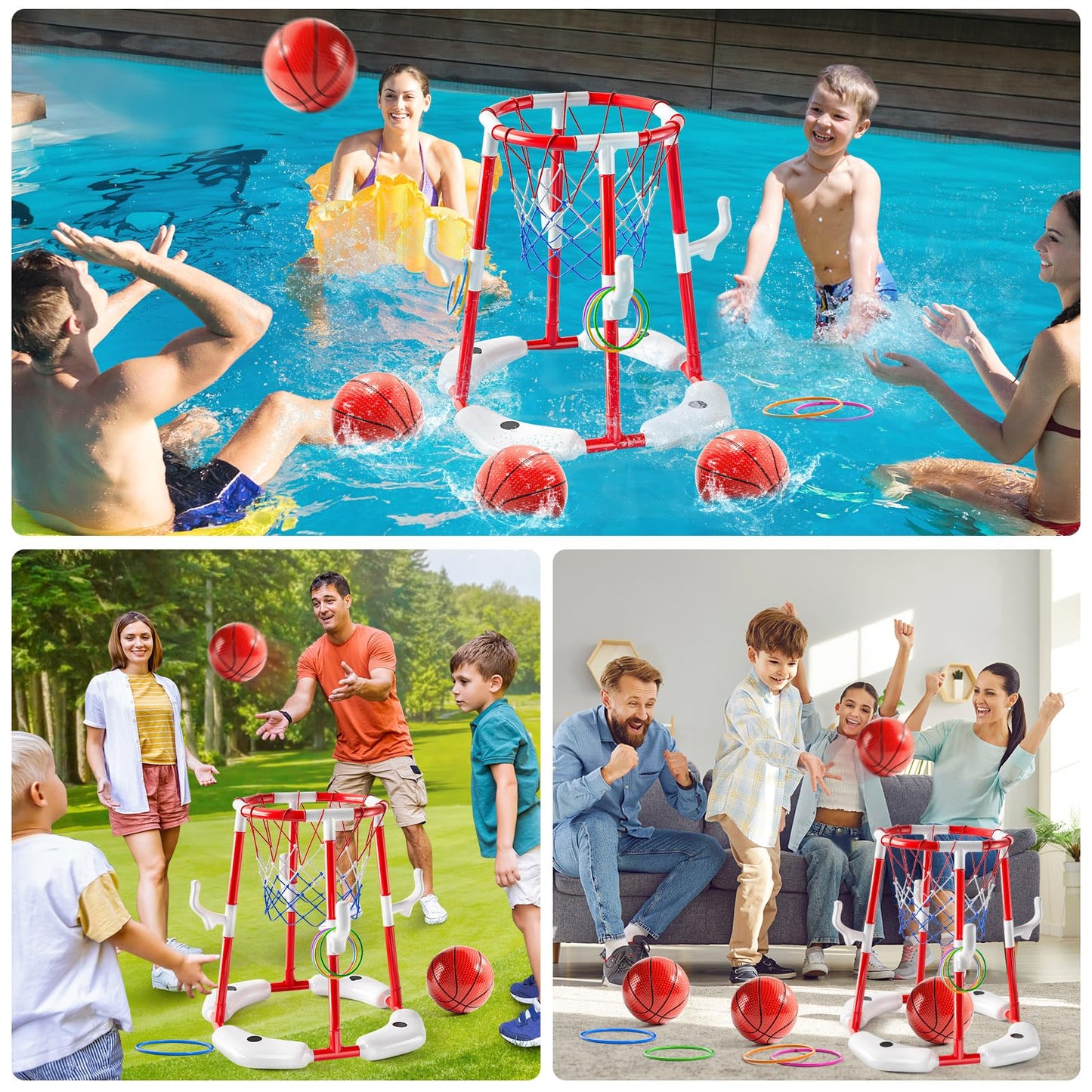 JUKUDAHU Floating Pool Basketball Hoop Toy for Kids – 4 Balls + Pump (Red)