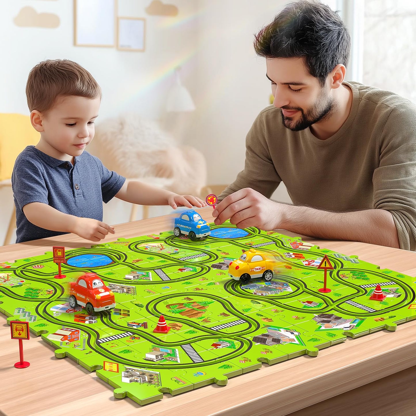 JUKUDAHU 64-Piece City Puzzle Race Track Car Set for Kids Aged 3–6