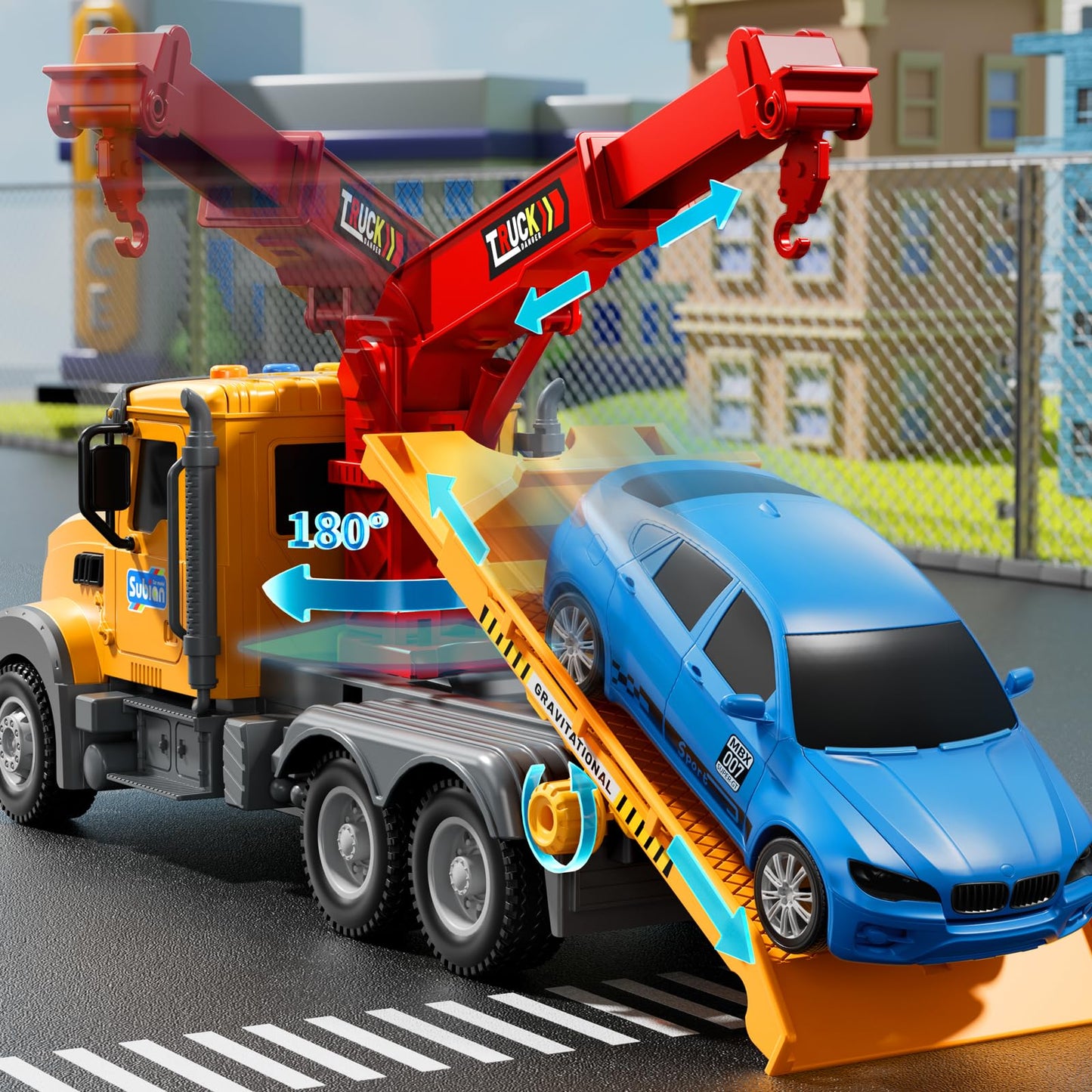 JUKUDAHU Kids Tow Truck Toy – Friction-Powered Crane with Lights & Sounds (Ages 3-5)
