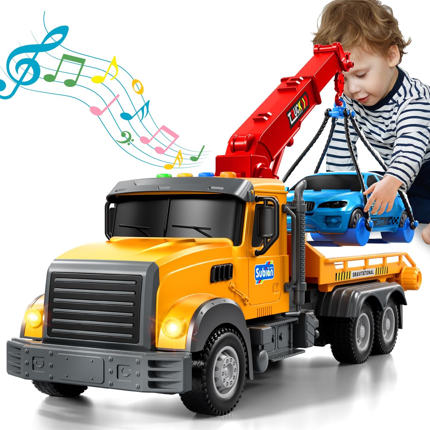 JUKUDAHU Kids Tow Truck Toy – Friction-Powered Crane with Lights & Sounds (Ages 3-5)