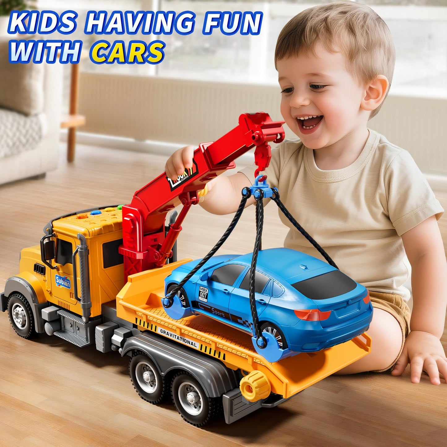 JUKUDAHU Kids Tow Truck Toy – Friction-Powered Crane with Lights & Sounds (Ages 3-5)