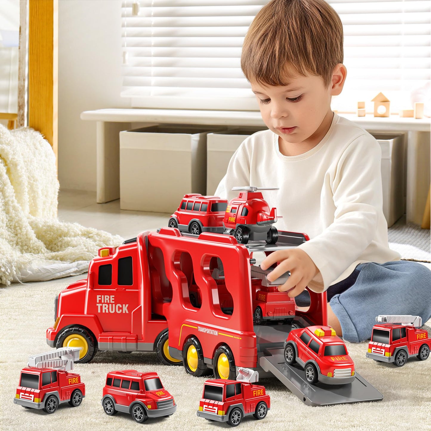 JUKUDAHU 7-in-1 Fire Truck Toy Set for 3–7 Year Olds – Sound, Light & Friction Action