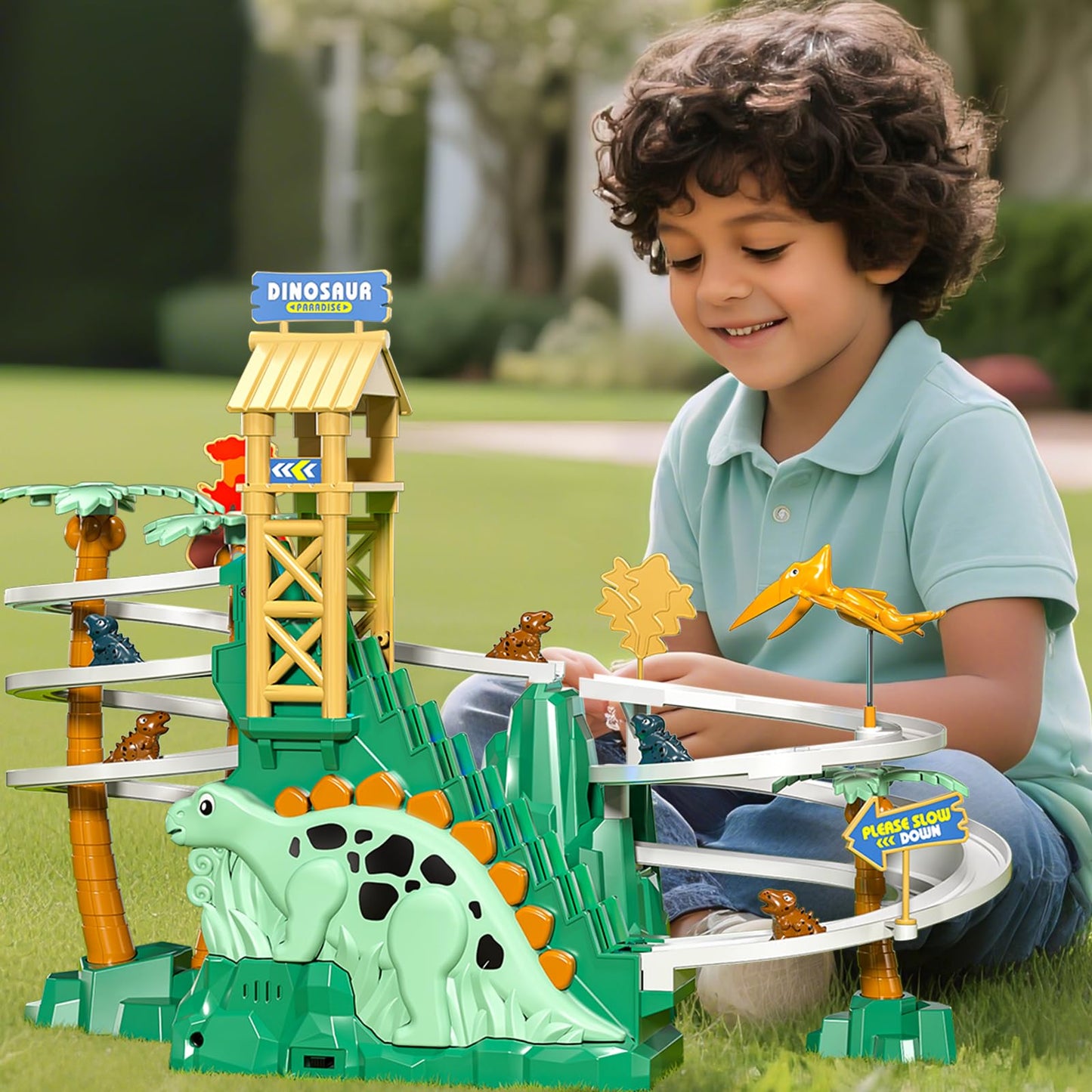 JUKUDAHU Dinosaur Climbing Slide Toy - Toddler Racing Track with Light and Music