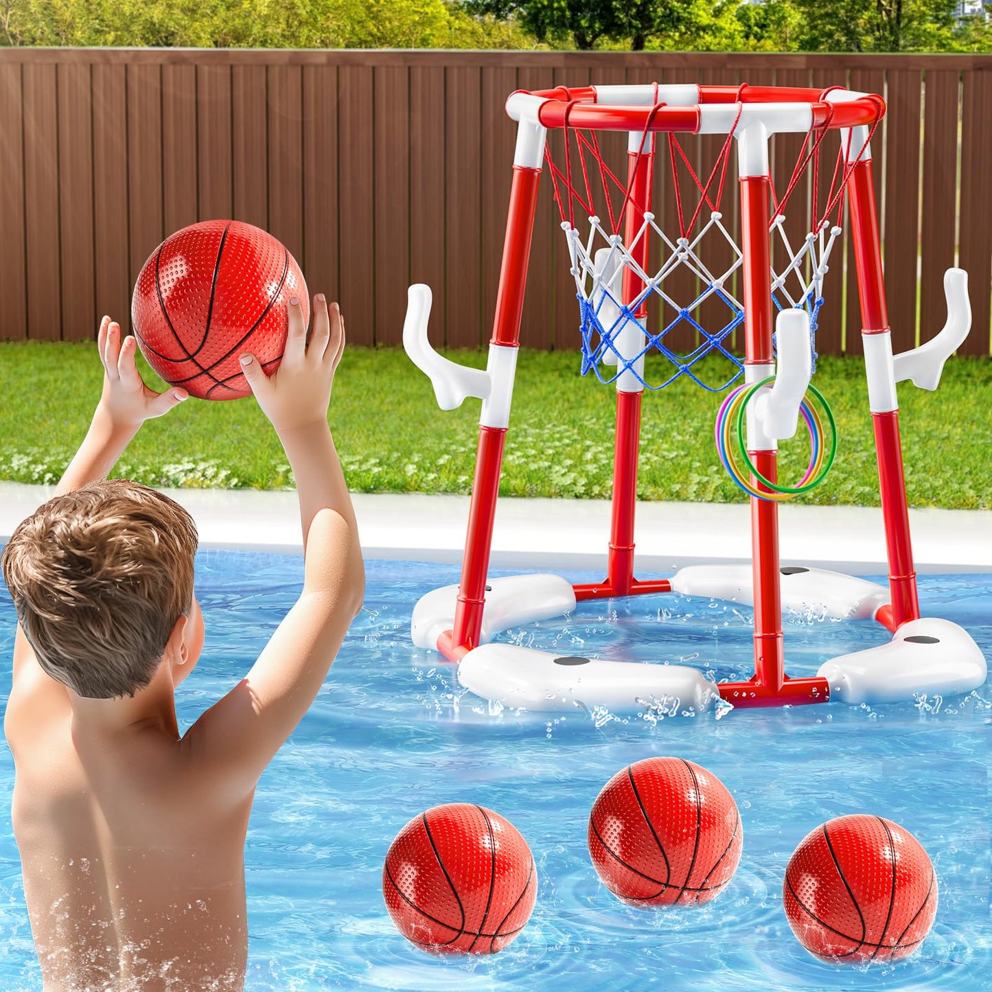 JUKUDAHU Floating Pool Basketball Hoop Toy for Kids – 4 Balls + Pump (Red)