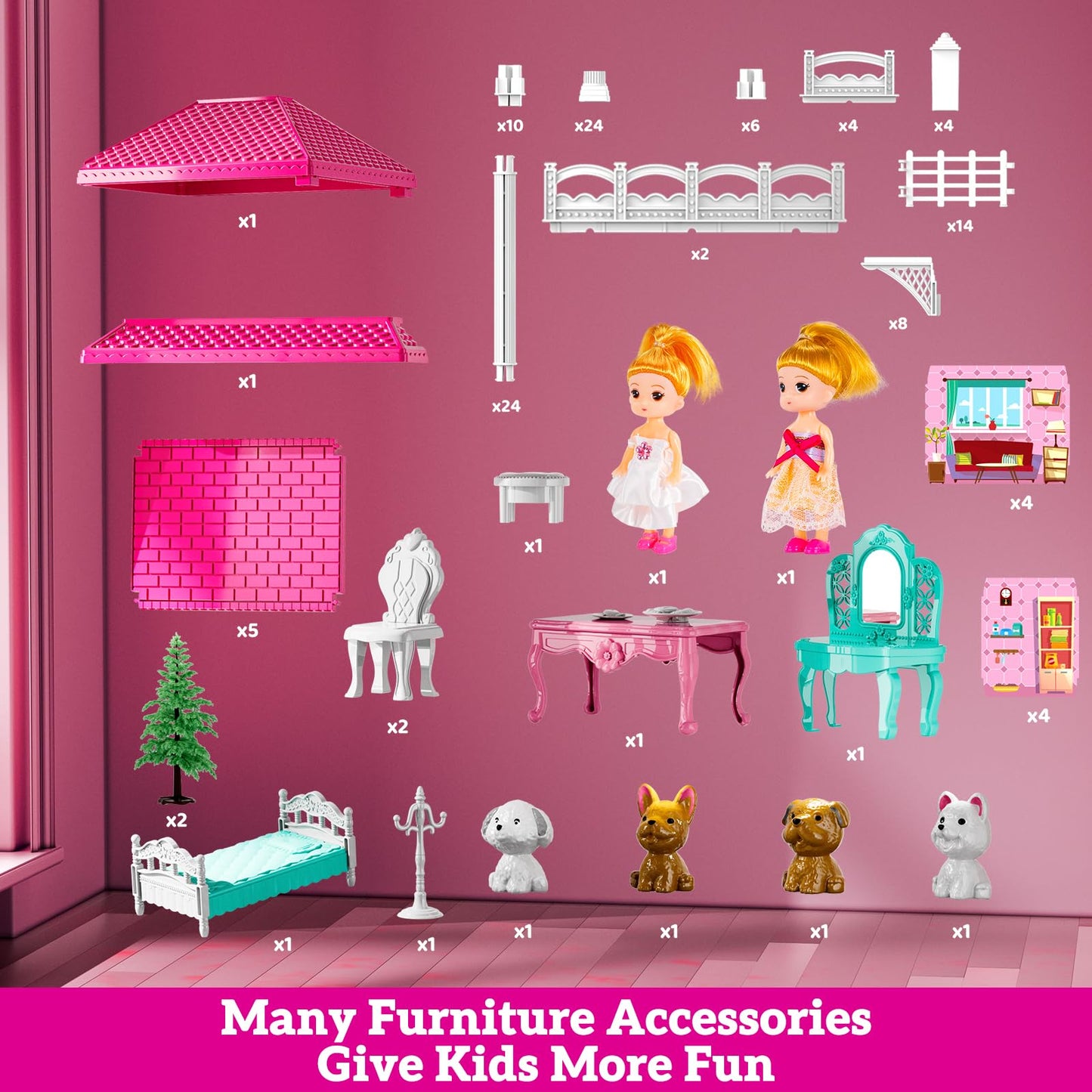 JUKUDAHU Pink Villa Playset – 2-Story Dollhouse with 4 Rooms, 2 Dolls & 13+ Accessories for Girls 3-8