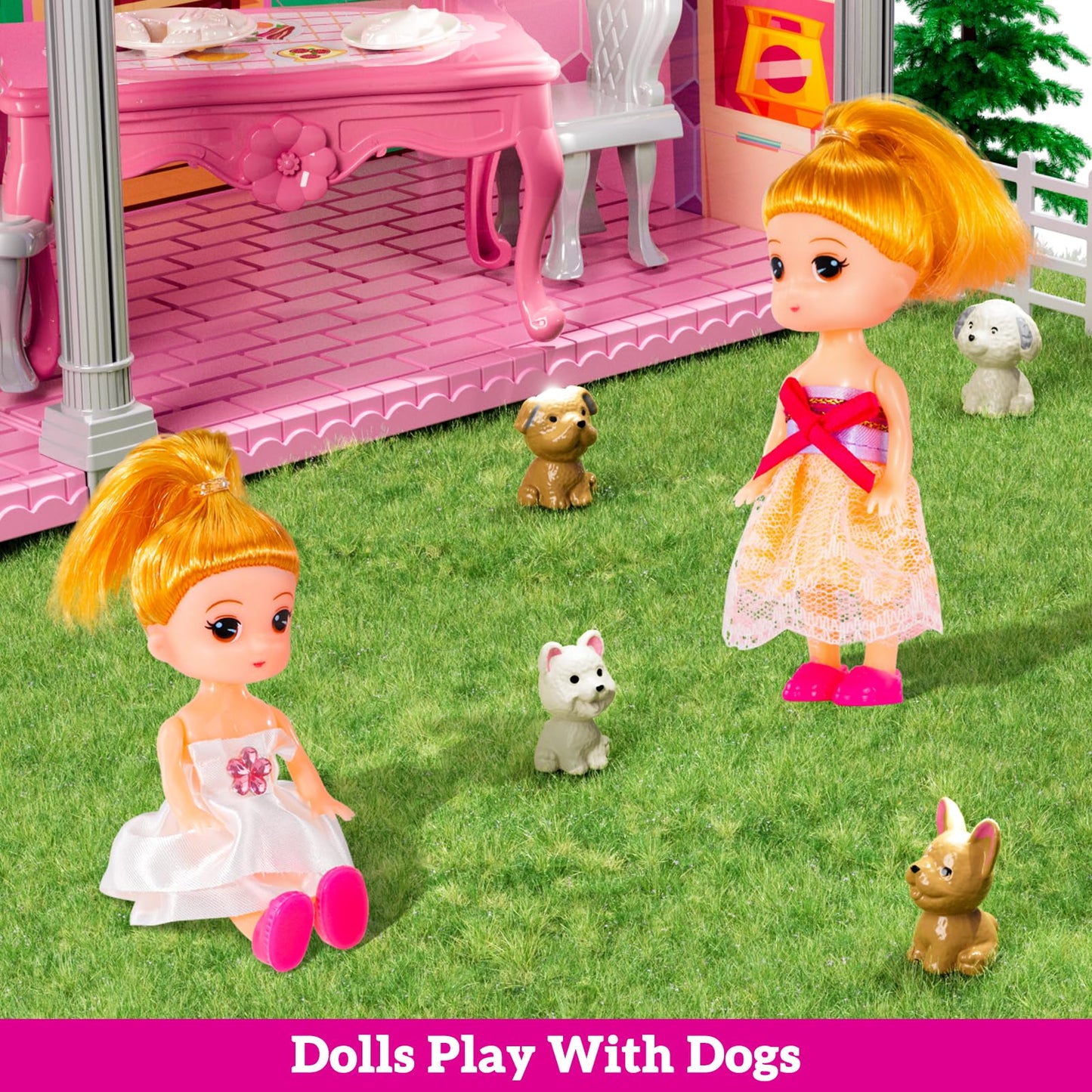 JUKUDAHU Pink Villa Playset – 2-Story Dollhouse with 4 Rooms, 2 Dolls & 13+ Accessories for Girls 3-8