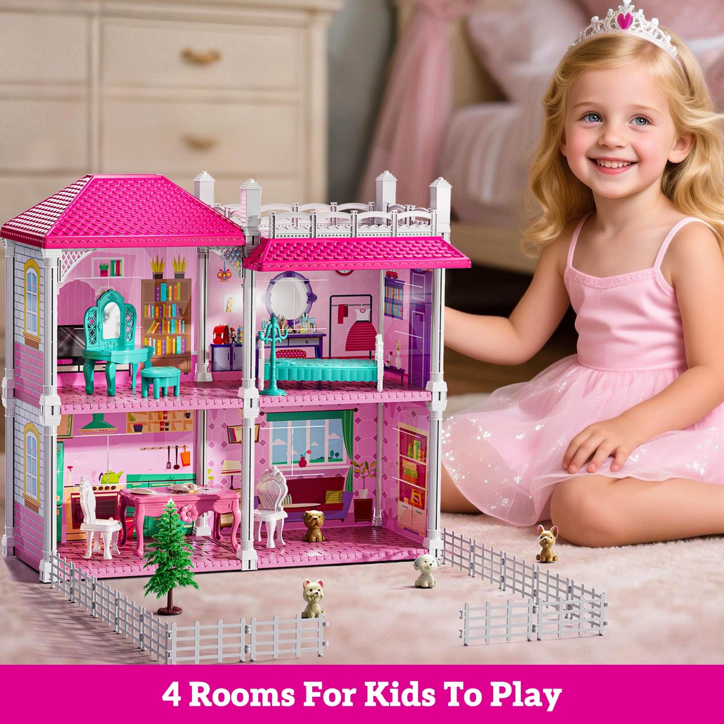 JUKUDAHU Pink Villa Playset – 2-Story Dollhouse with 4 Rooms, 2 Dolls & 13+ Accessories for Girls 3-8