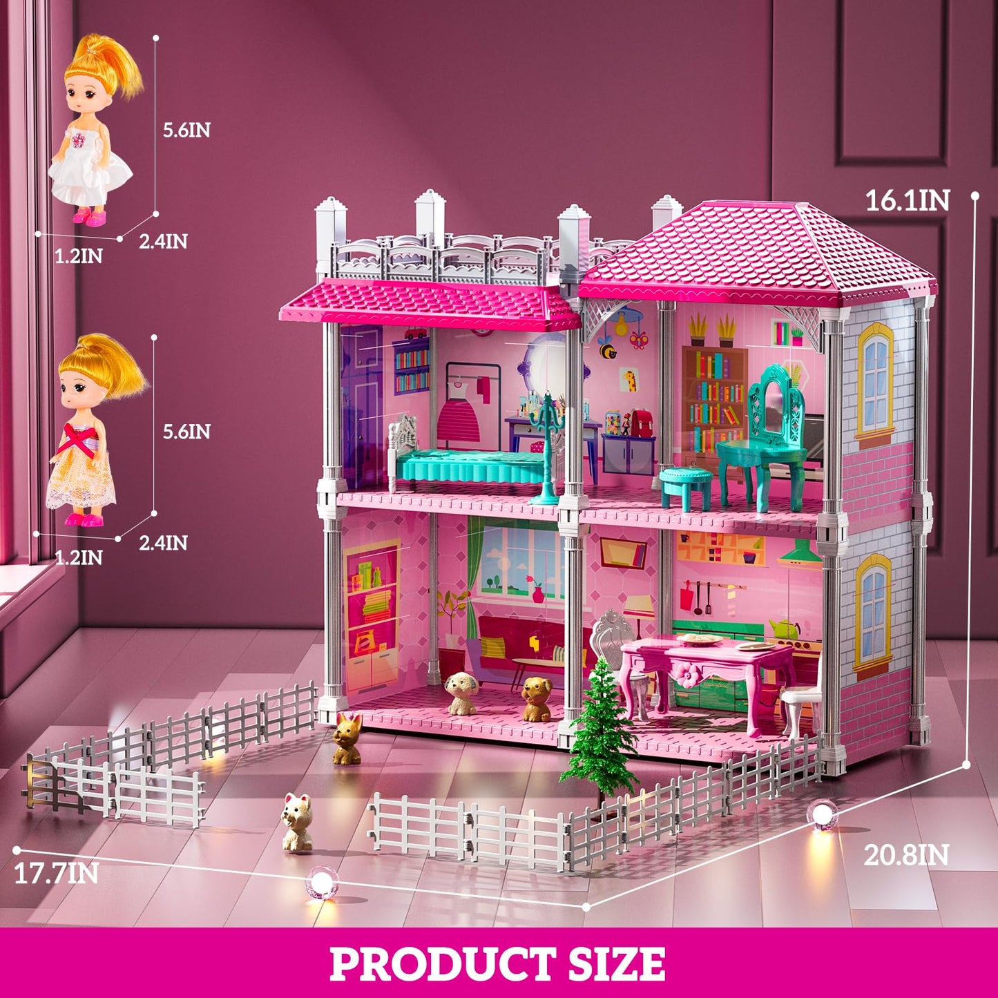 JUKUDAHU Pink Villa Playset – 2-Story Dollhouse with 4 Rooms, 2 Dolls & 13+ Accessories for Girls 3-8