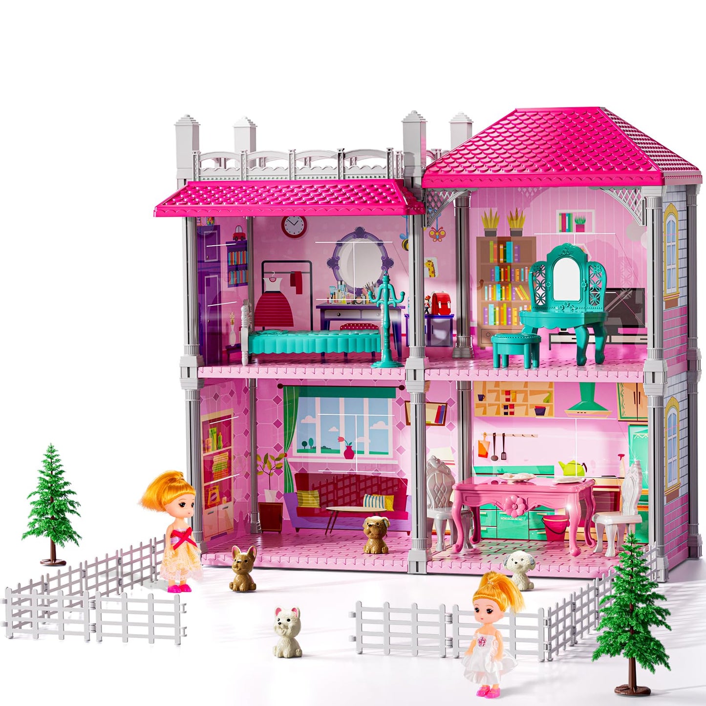 JUKUDAHU Pink Villa Playset – 2-Story Dollhouse with 4 Rooms, 2 Dolls & 13+ Accessories for Girls 3-8