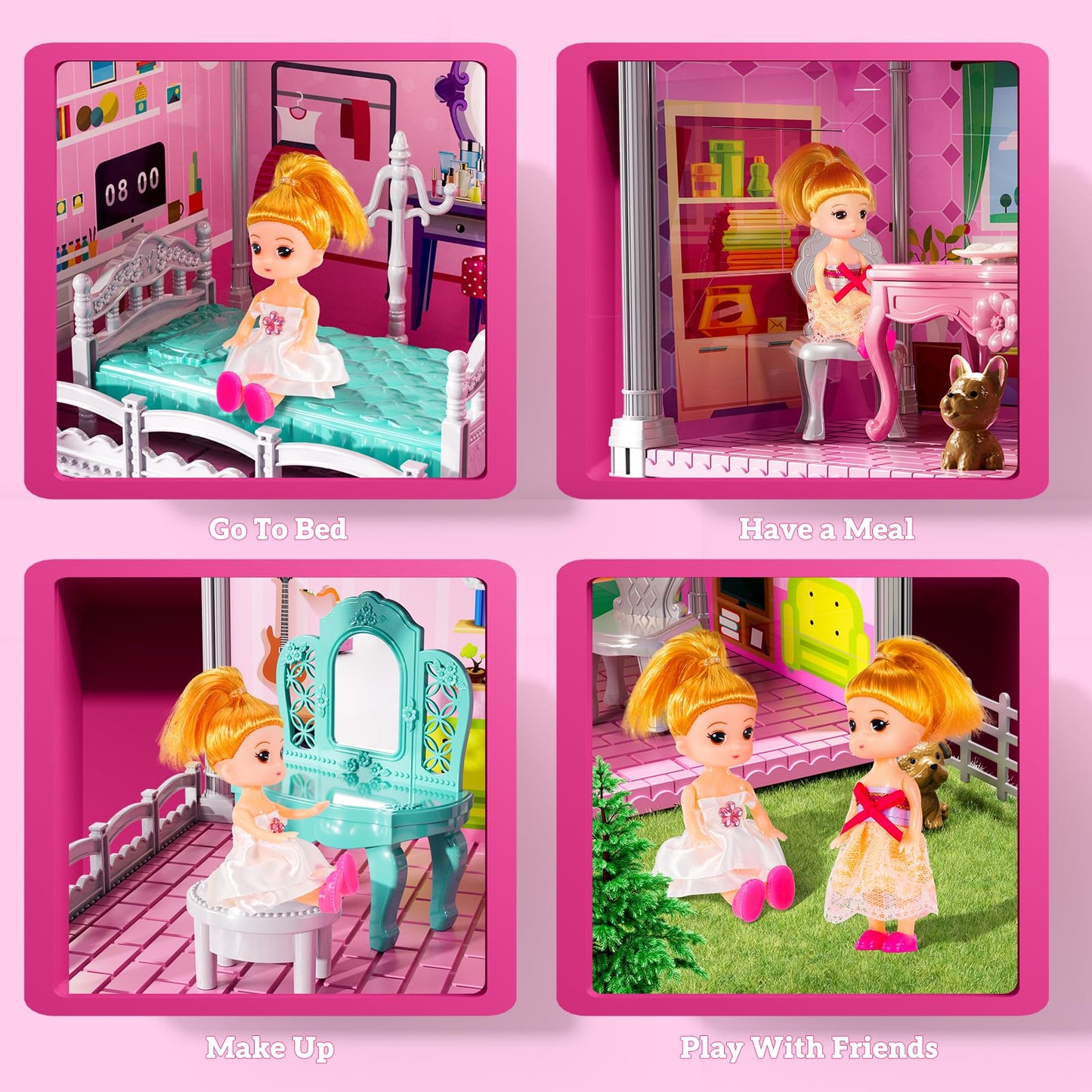 JUKUDAHU Pink Villa Playset – 2-Story Dollhouse with 4 Rooms, 2 Dolls & 13+ Accessories for Girls 3-8