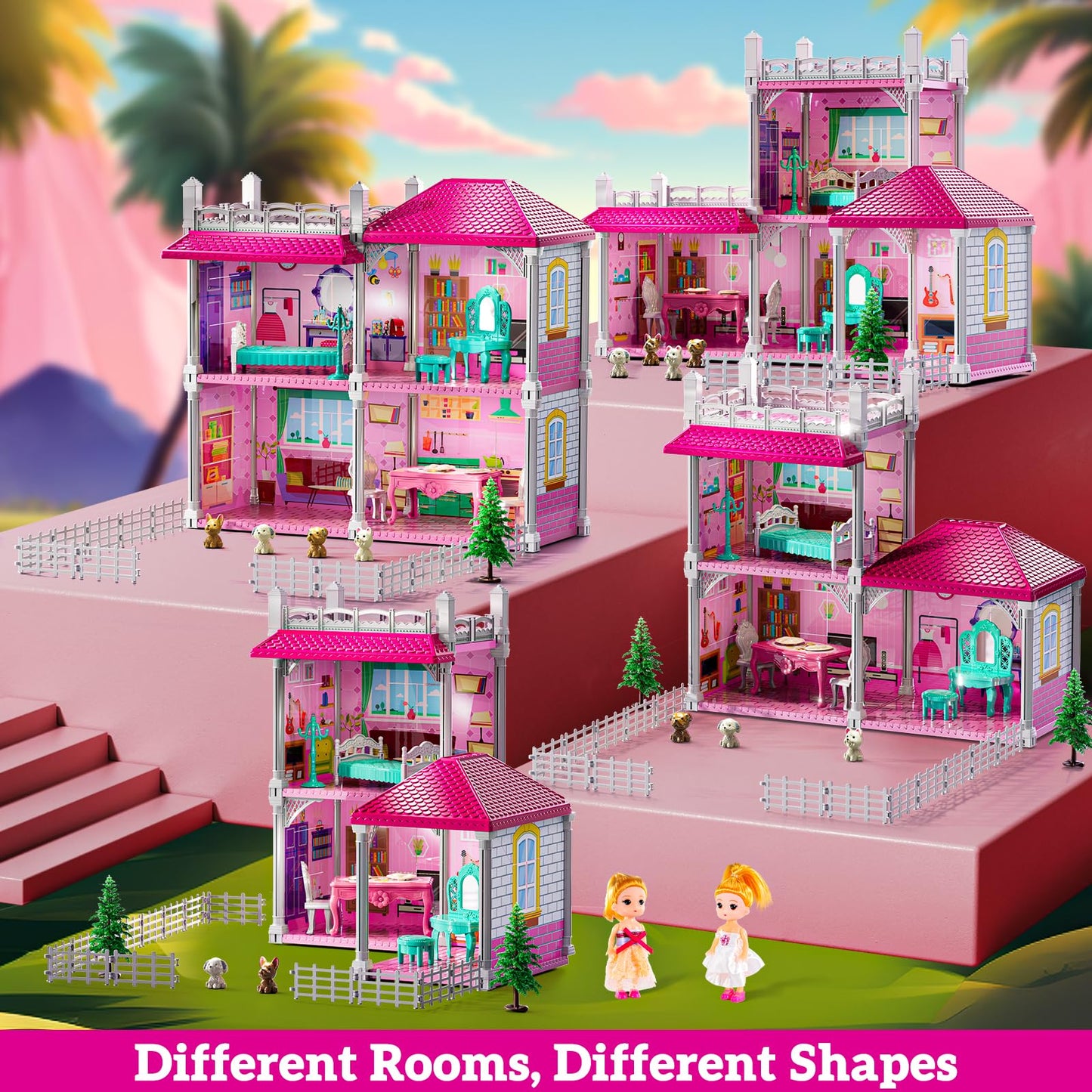 JUKUDAHU Pink Villa Playset – 2-Story Dollhouse with 4 Rooms, 2 Dolls & 13+ Accessories for Girls 3-8
