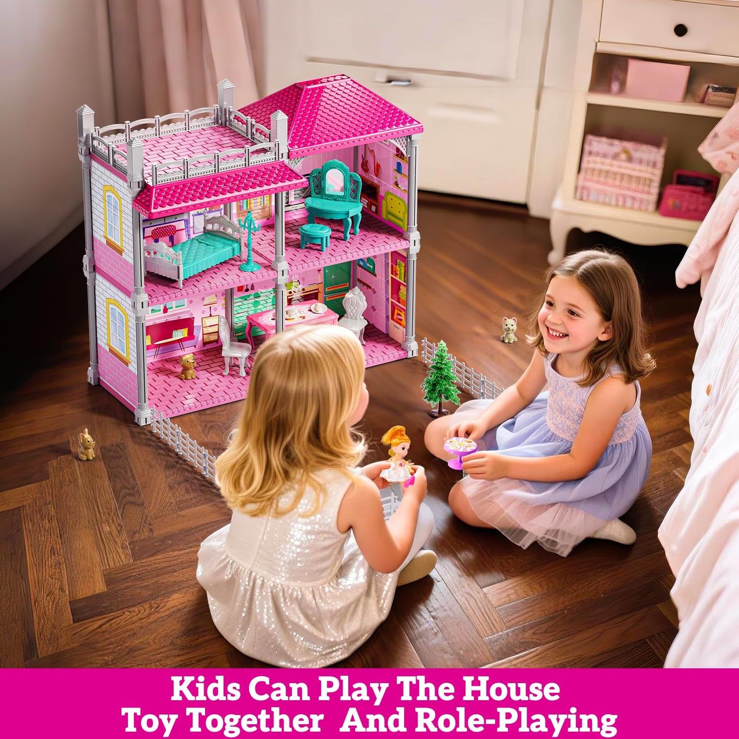JUKUDAHU Pink Villa Playset – 2-Story Dollhouse with 4 Rooms, 2 Dolls & 13+ Accessories for Girls 3-8