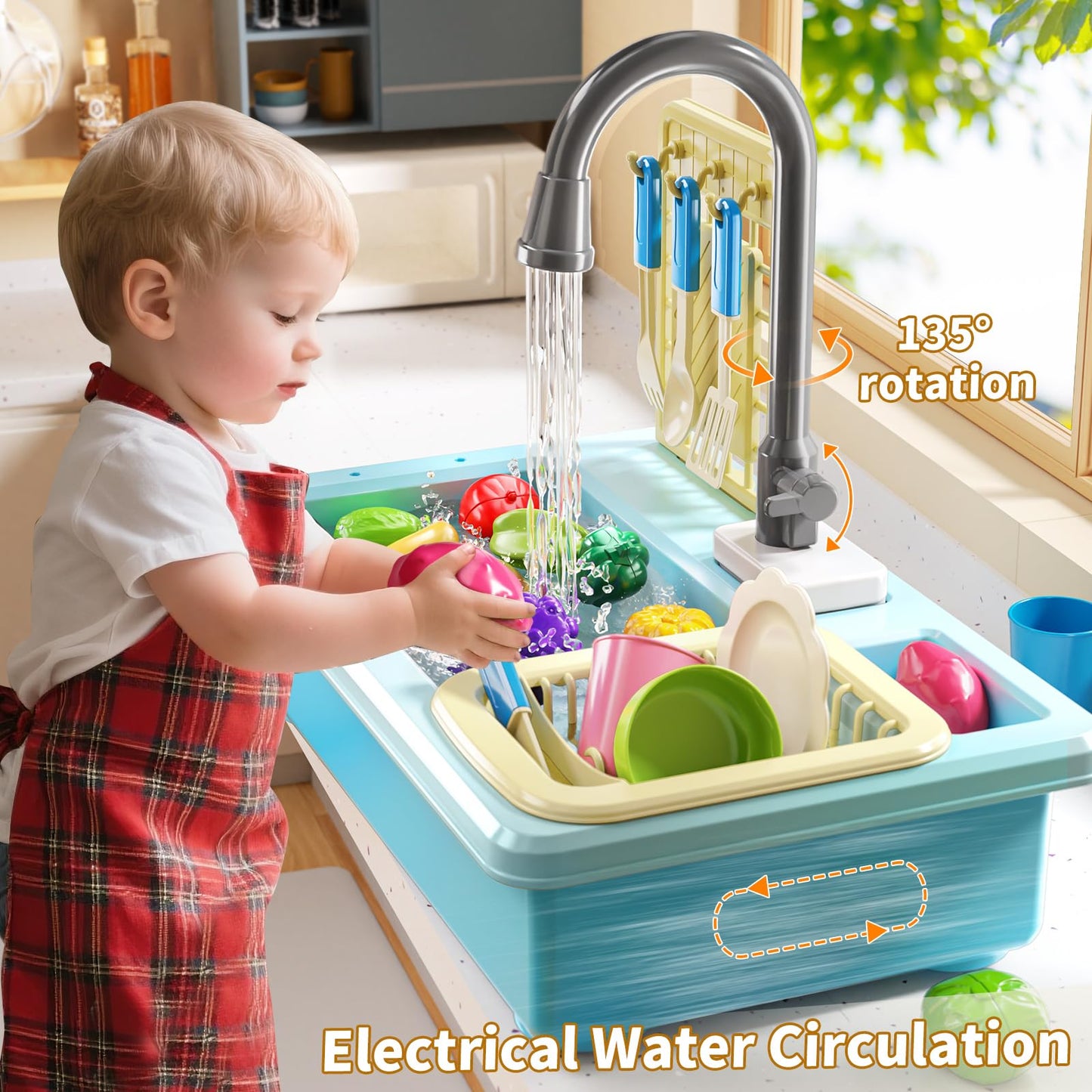 JUKUDAHU Play Sink with Running Water – Color-Changing Kitchen Toys for Kids Aged 3–8
