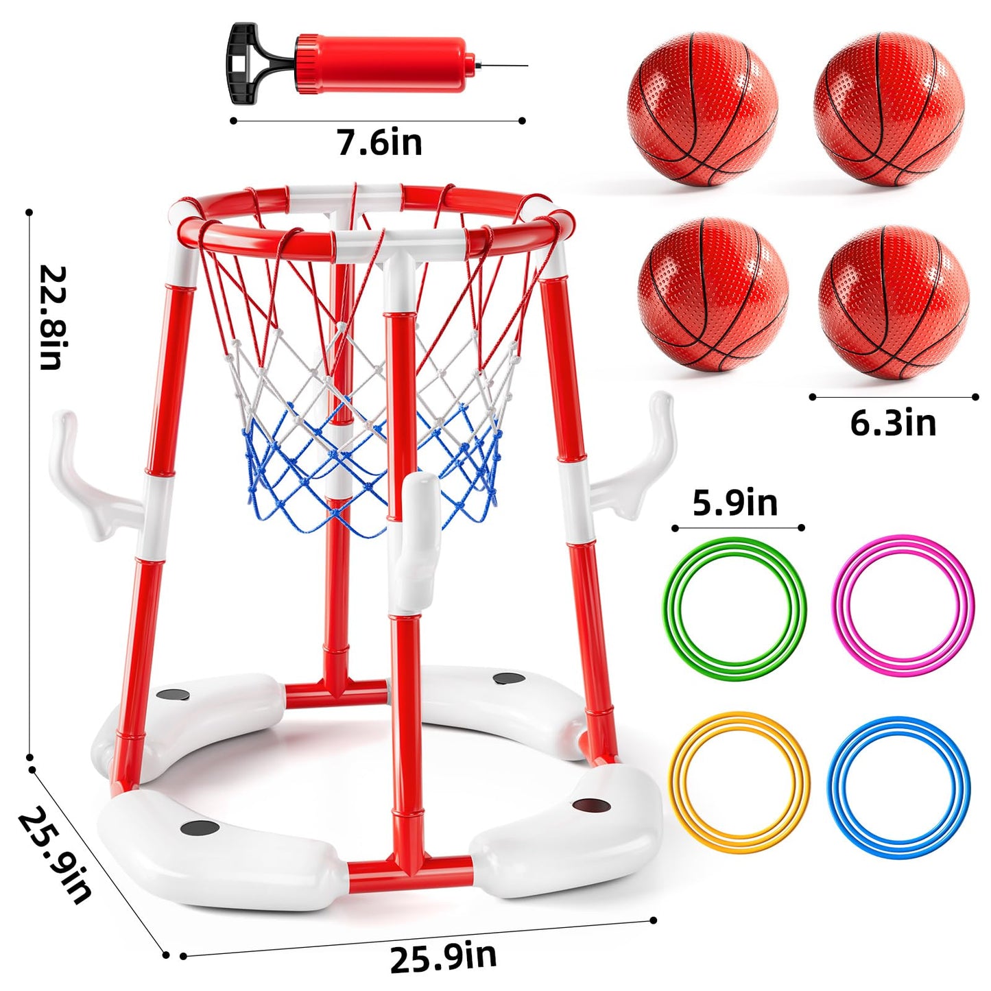 JUKUDAHU Floating Pool Basketball Hoop Toy for Kids – 4 Balls + Pump (Red)