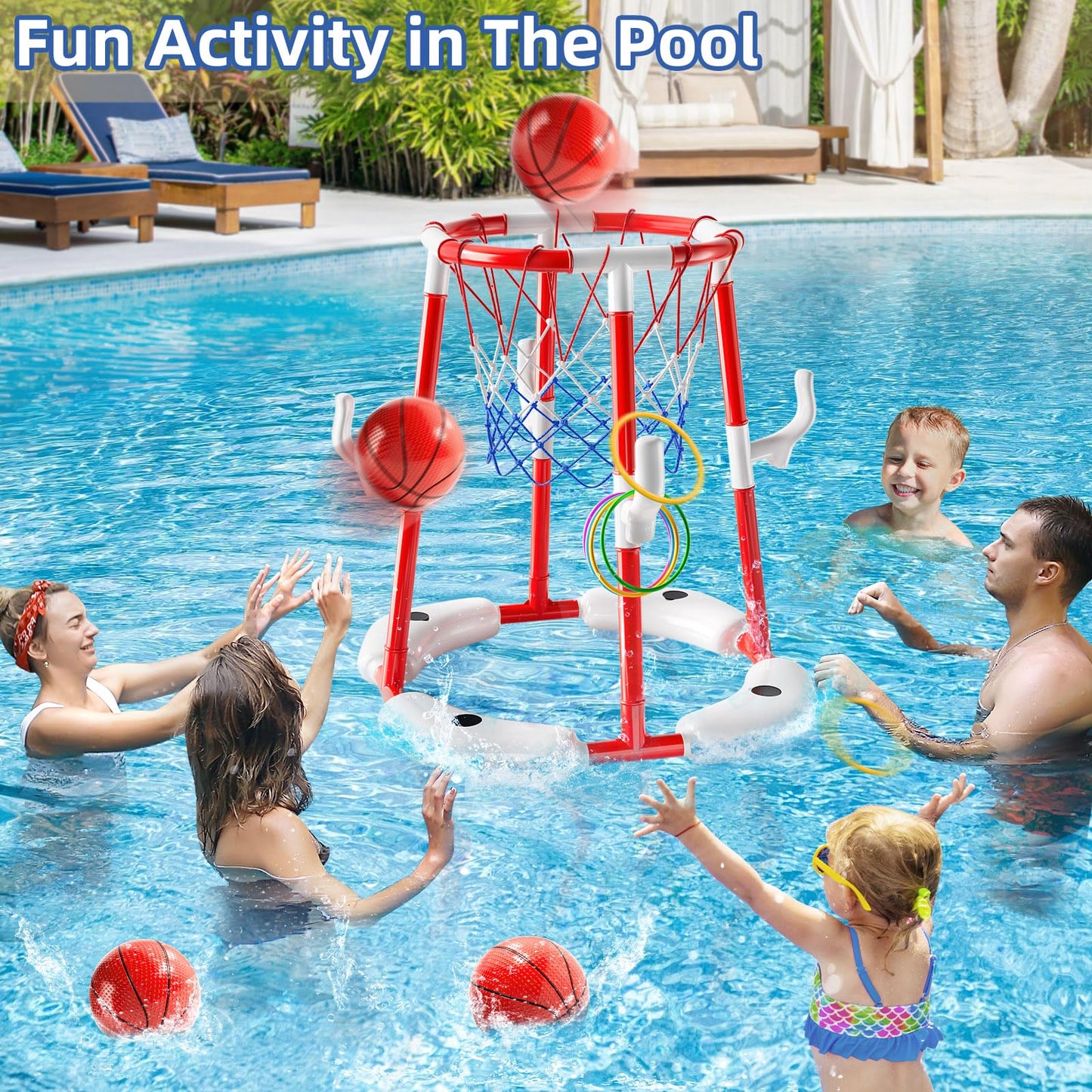JUKUDAHU Floating Pool Basketball Hoop Toy for Kids – 4 Balls + Pump (Red)