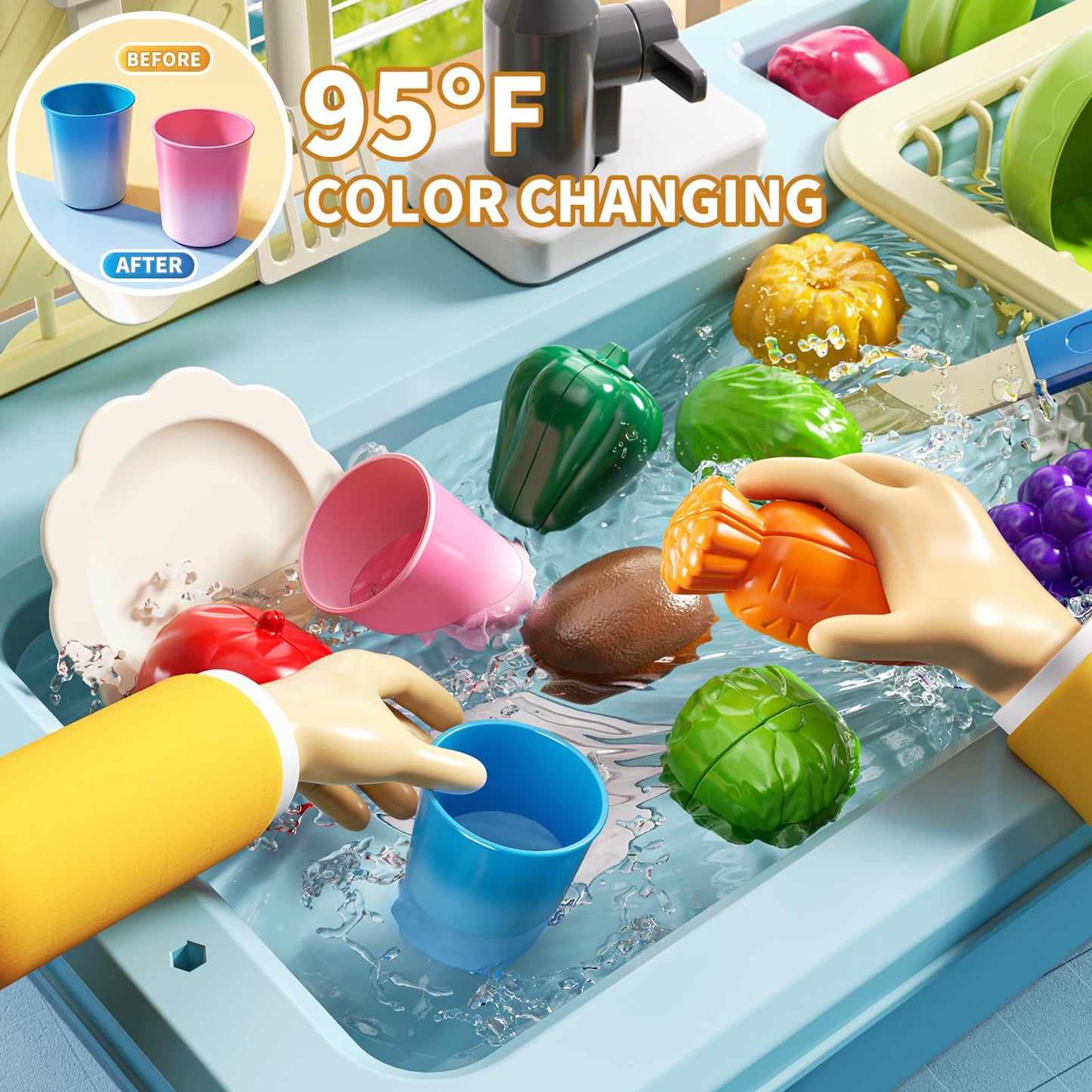 JUKUDAHU Play Sink with Running Water – Color-Changing Kitchen Toys for Kids Aged 3–8