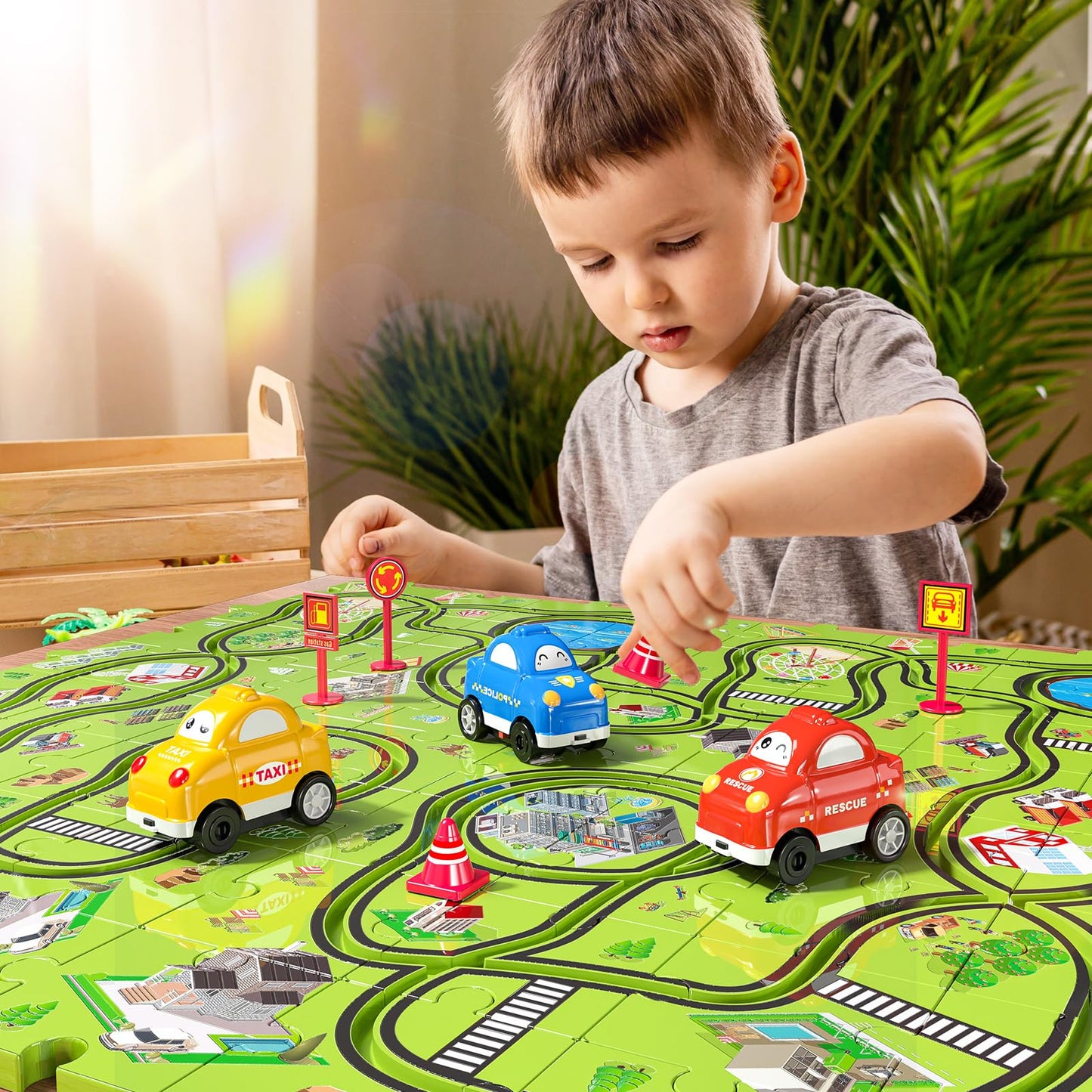 JUKUDAHU 64-Piece City Puzzle Race Track Car Set for Kids Aged 3–6