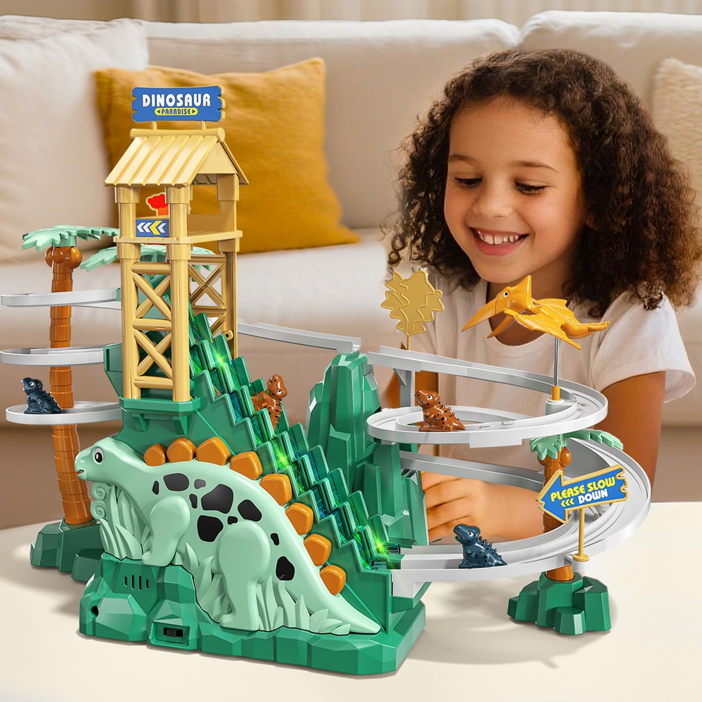 JUKUDAHU Dinosaur Climbing Slide Toy - Toddler Racing Track with Light and Music