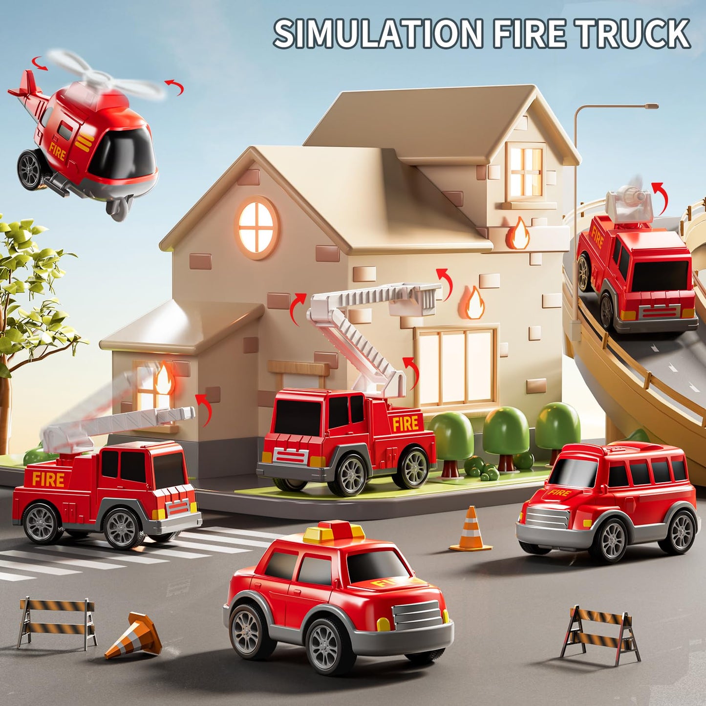 JUKUDAHU 7-in-1 Fire Truck Toy Set for 3–7 Year Olds – Sound, Light & Friction Action