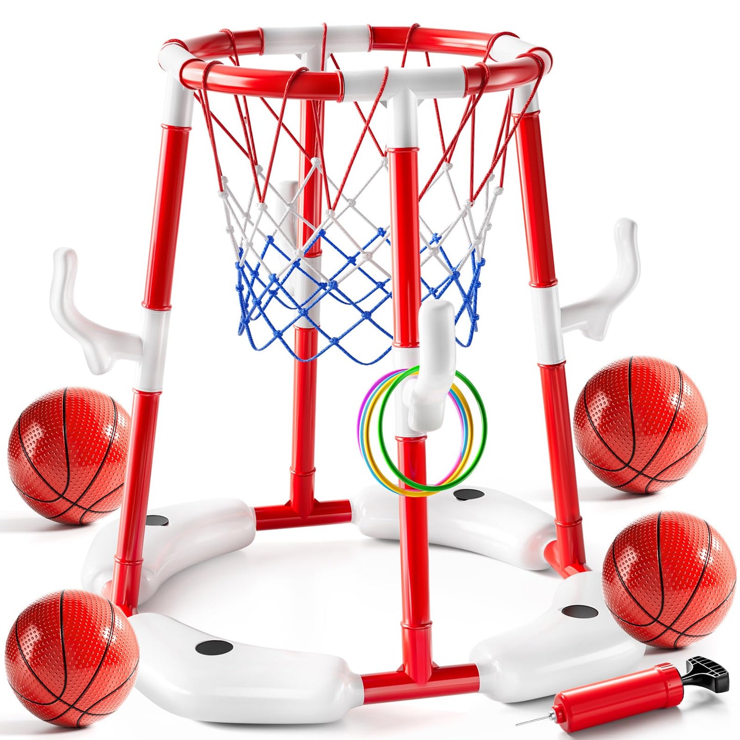 JUKUDAHU Floating Pool Basketball Hoop Toy for Kids – 4 Balls + Pump (Red)