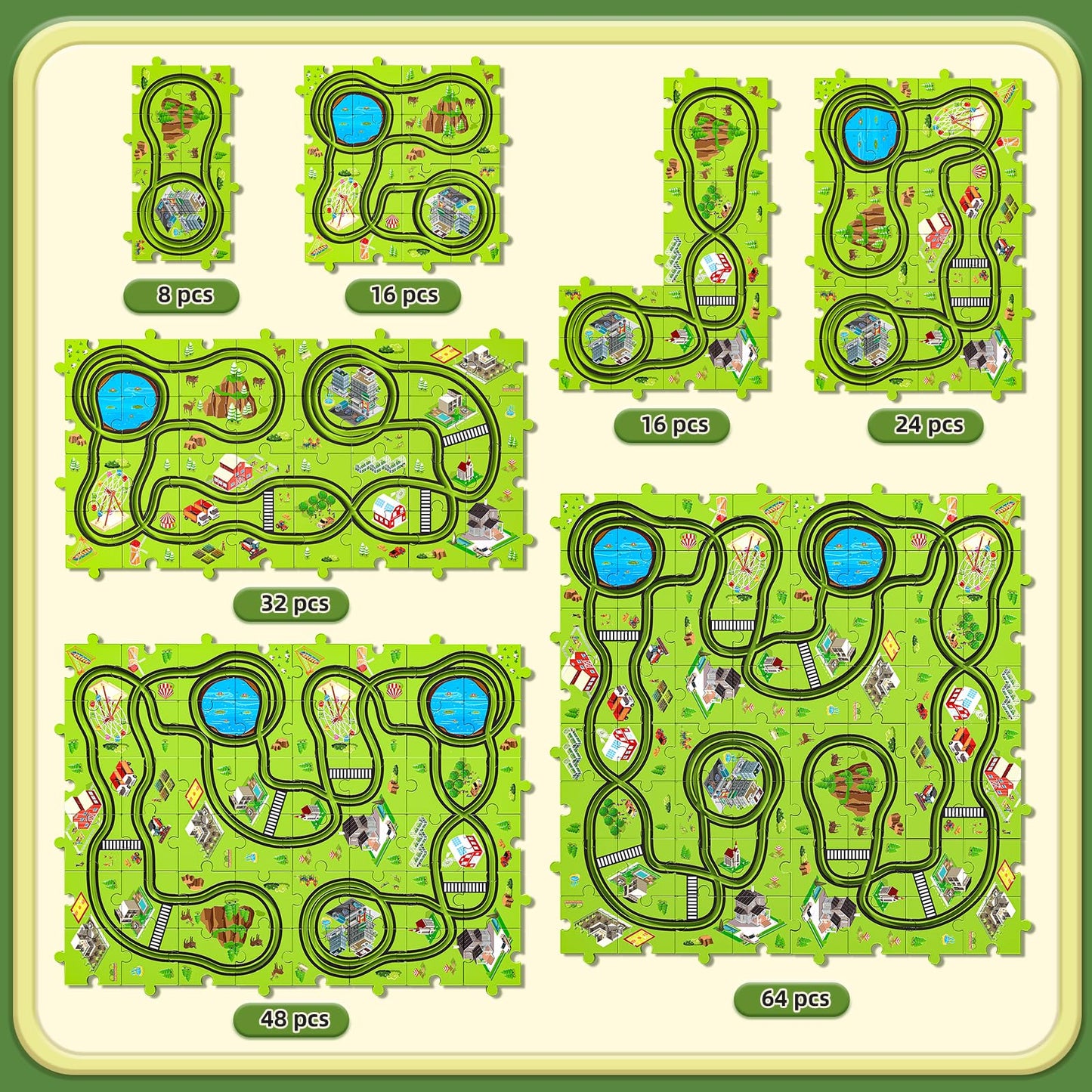 JUKUDAHU 64-Piece City Puzzle Race Track Car Set for Kids Aged 3–6