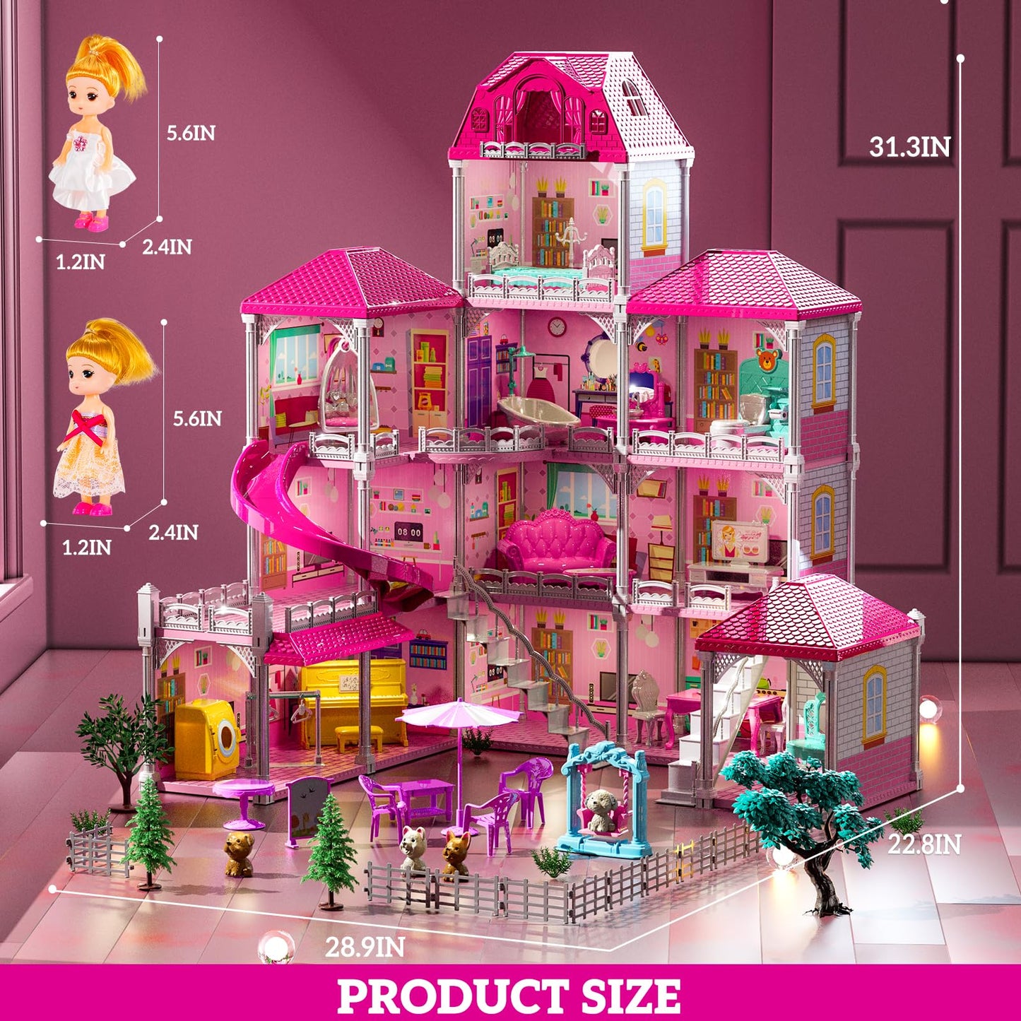 JUKUDAHU Villa Playset 4-Story House with Dolls and 33 Furnishings – Indoor Pretend Play for Girls