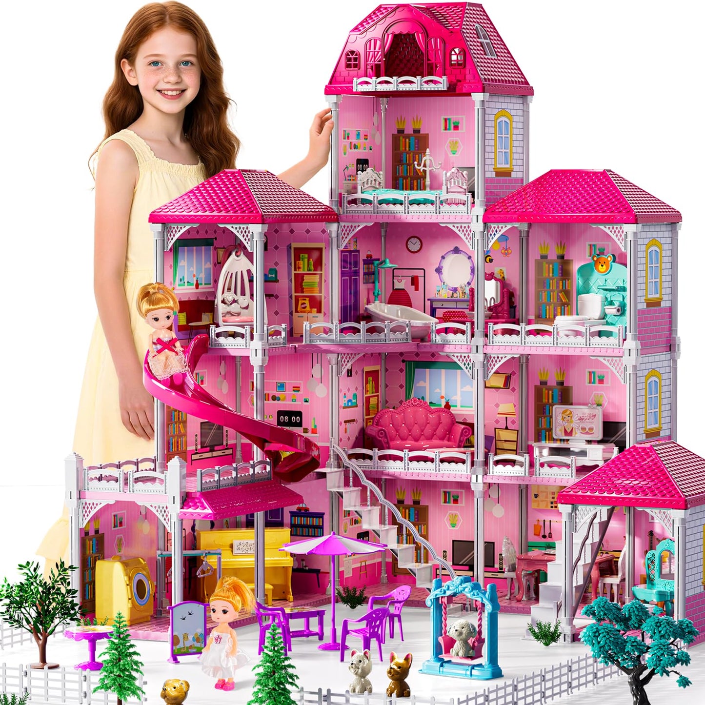 JUKUDAHU Villa Playset 4-Story House with Dolls and 33 Furnishings – Indoor Pretend Play for Girls