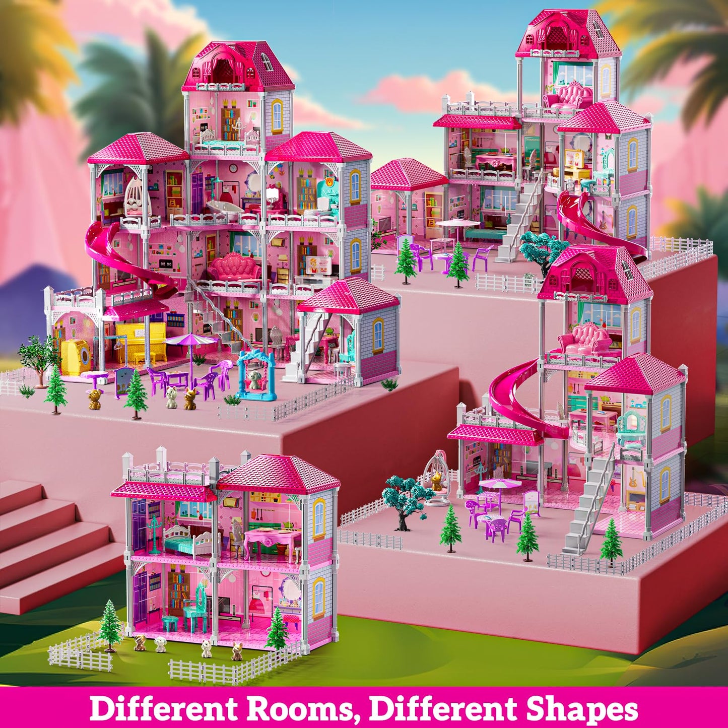 JUKUDAHU Villa Playset 4-Story House with Dolls and 33 Furnishings – Indoor Pretend Play for Girls