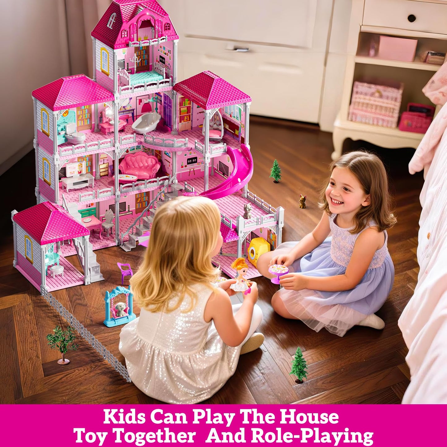 JUKUDAHU Villa Playset 4-Story House with Dolls and 33 Furnishings – Indoor Pretend Play for Girls