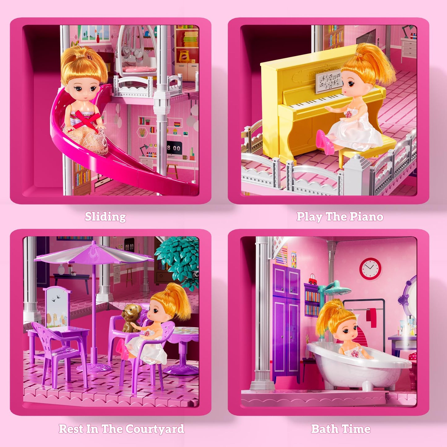JUKUDAHU Villa Playset 4-Story House with Dolls and 33 Furnishings – Indoor Pretend Play for Girls
