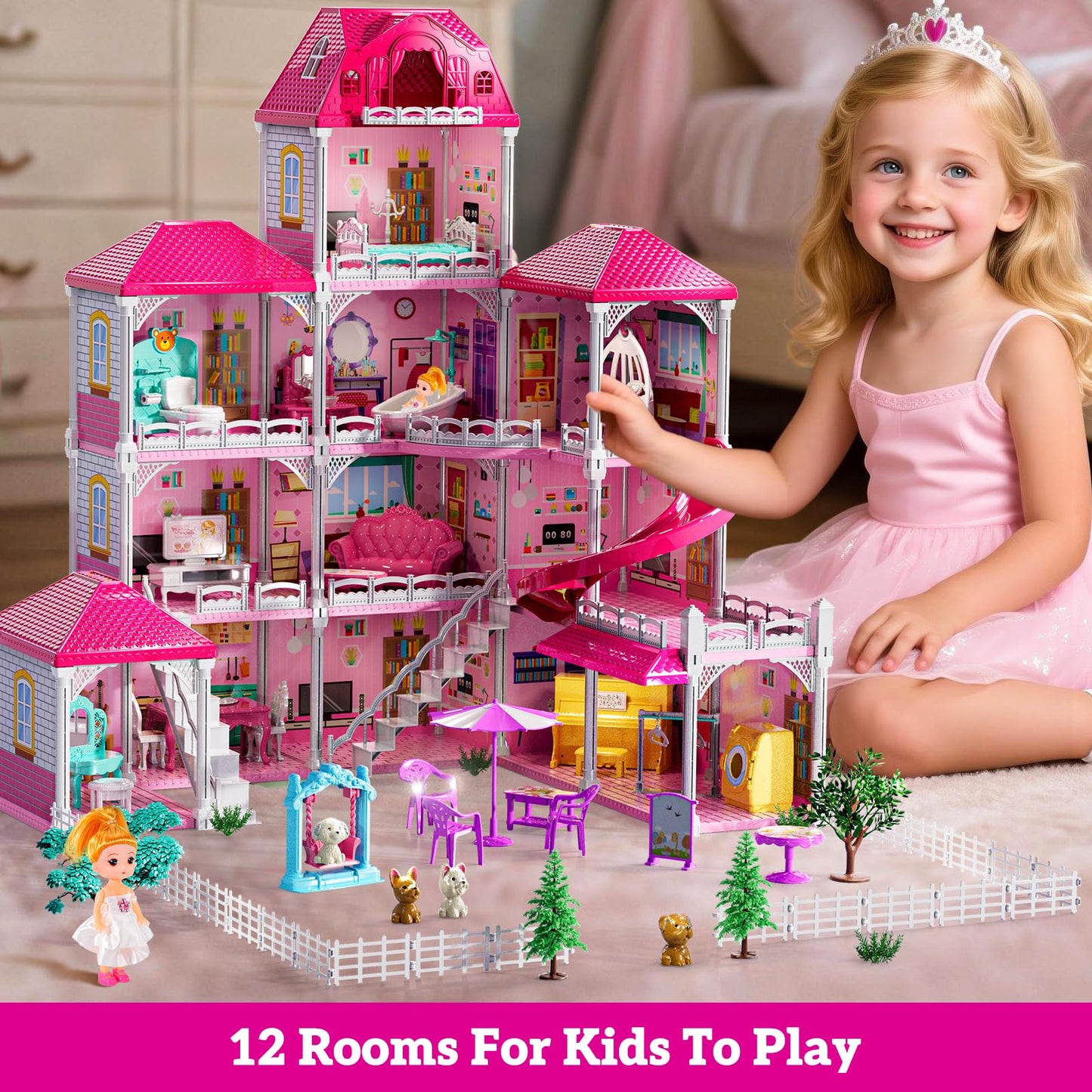 JUKUDAHU Villa Playset 4-Story House with Dolls and 33 Furnishings – Indoor Pretend Play for Girls