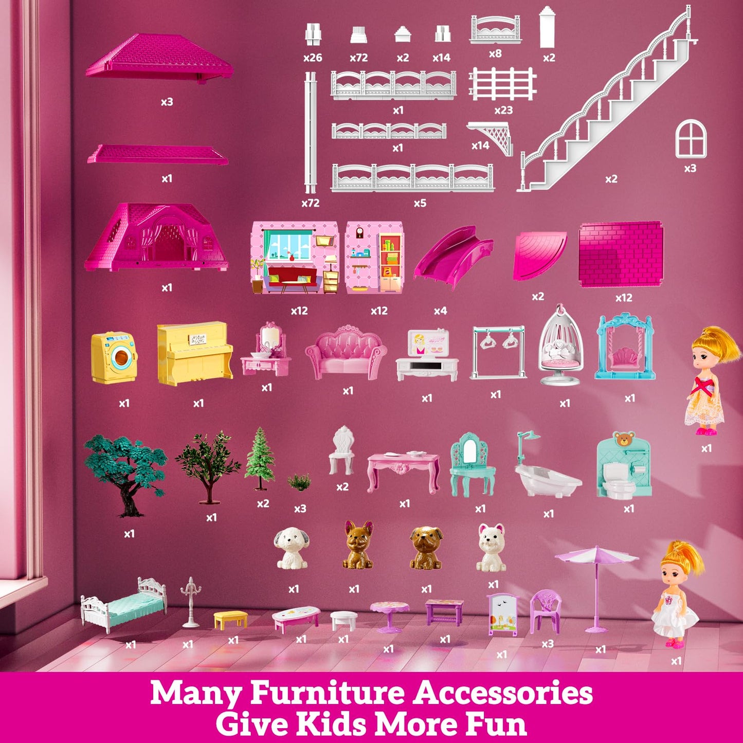 JUKUDAHU Villa Playset 4-Story House with Dolls and 33 Furnishings – Indoor Pretend Play for Girls