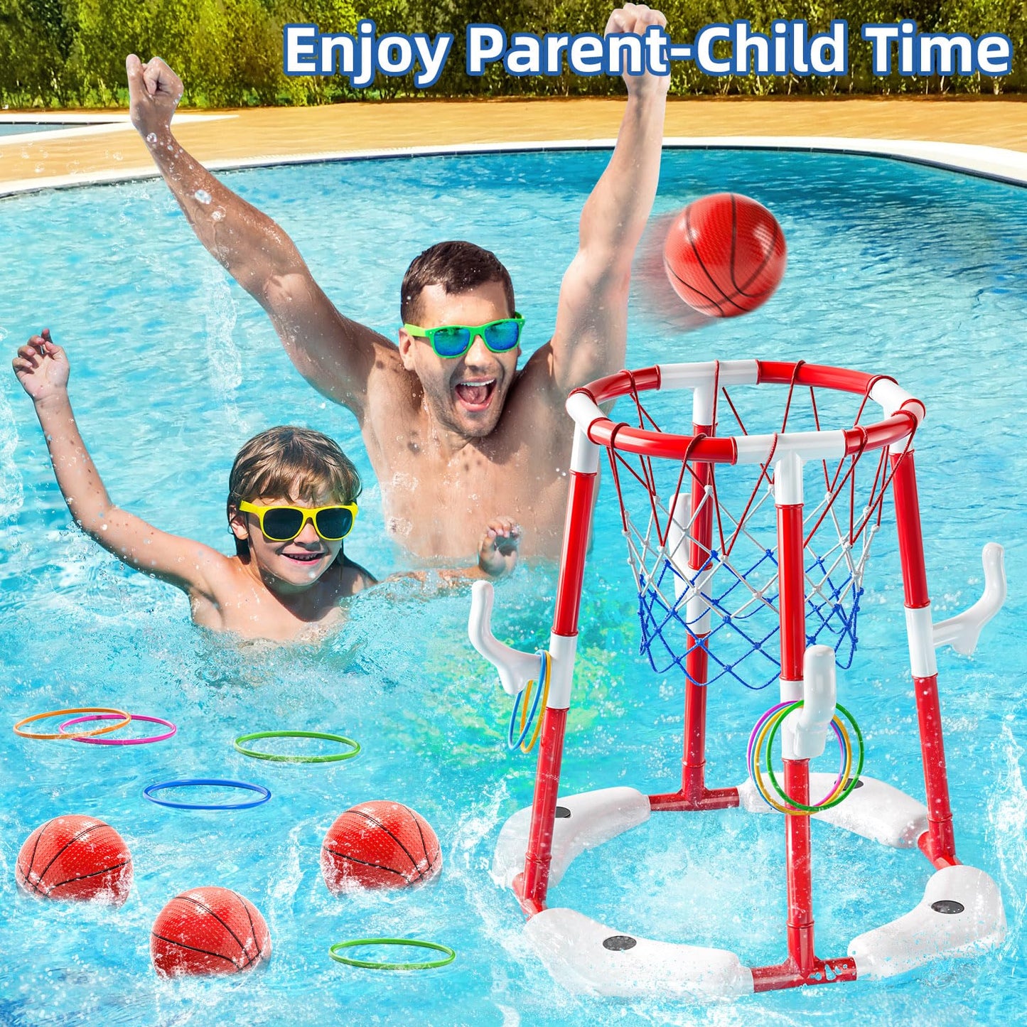 JUKUDAHU Floating Pool Basketball Hoop Toy for Kids – 4 Balls + Pump (Red)