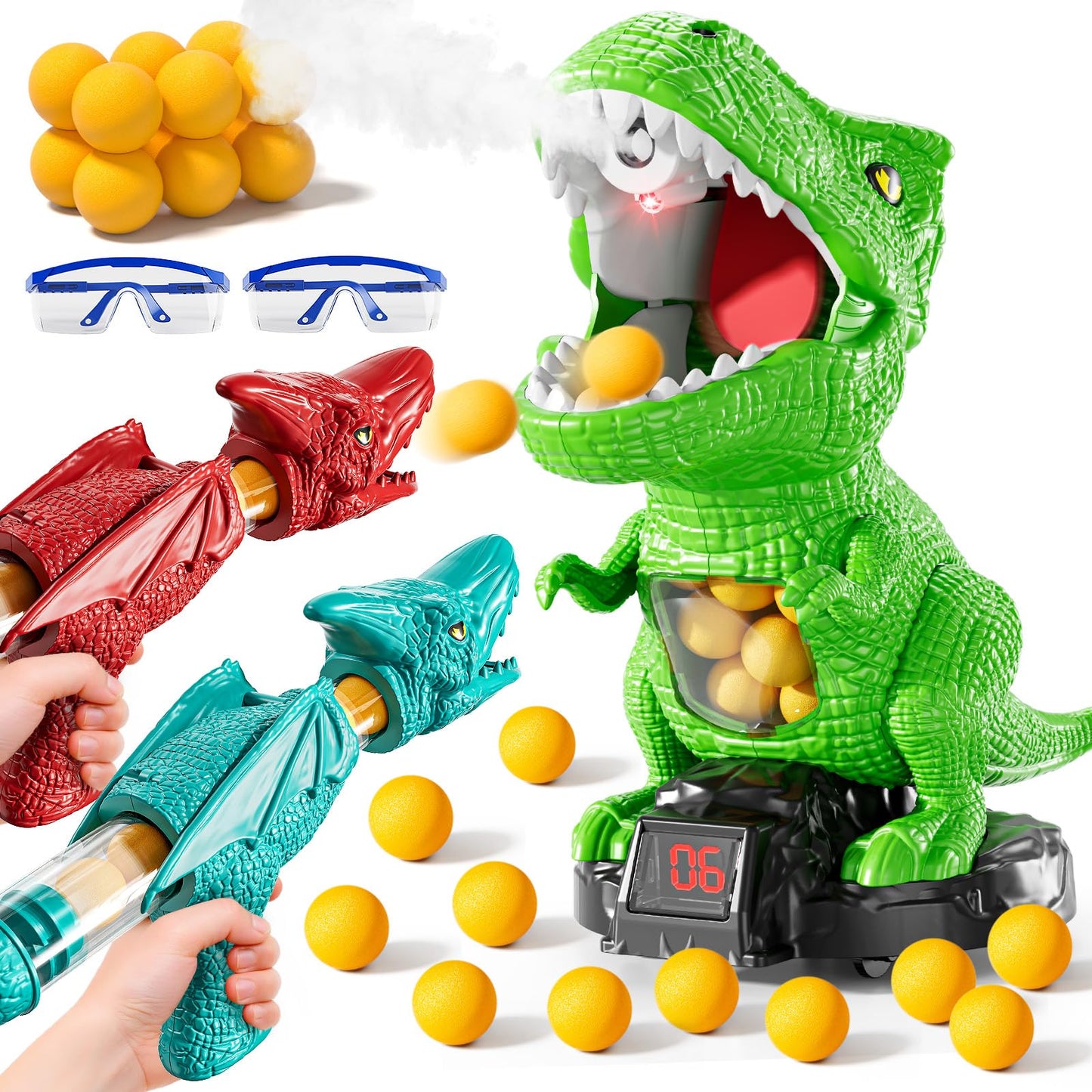 JUKUDAHU Dinosaur Shooting Toy for Kids 3-8 | Moveable Game with 2 Air Pumps & 36 Balls