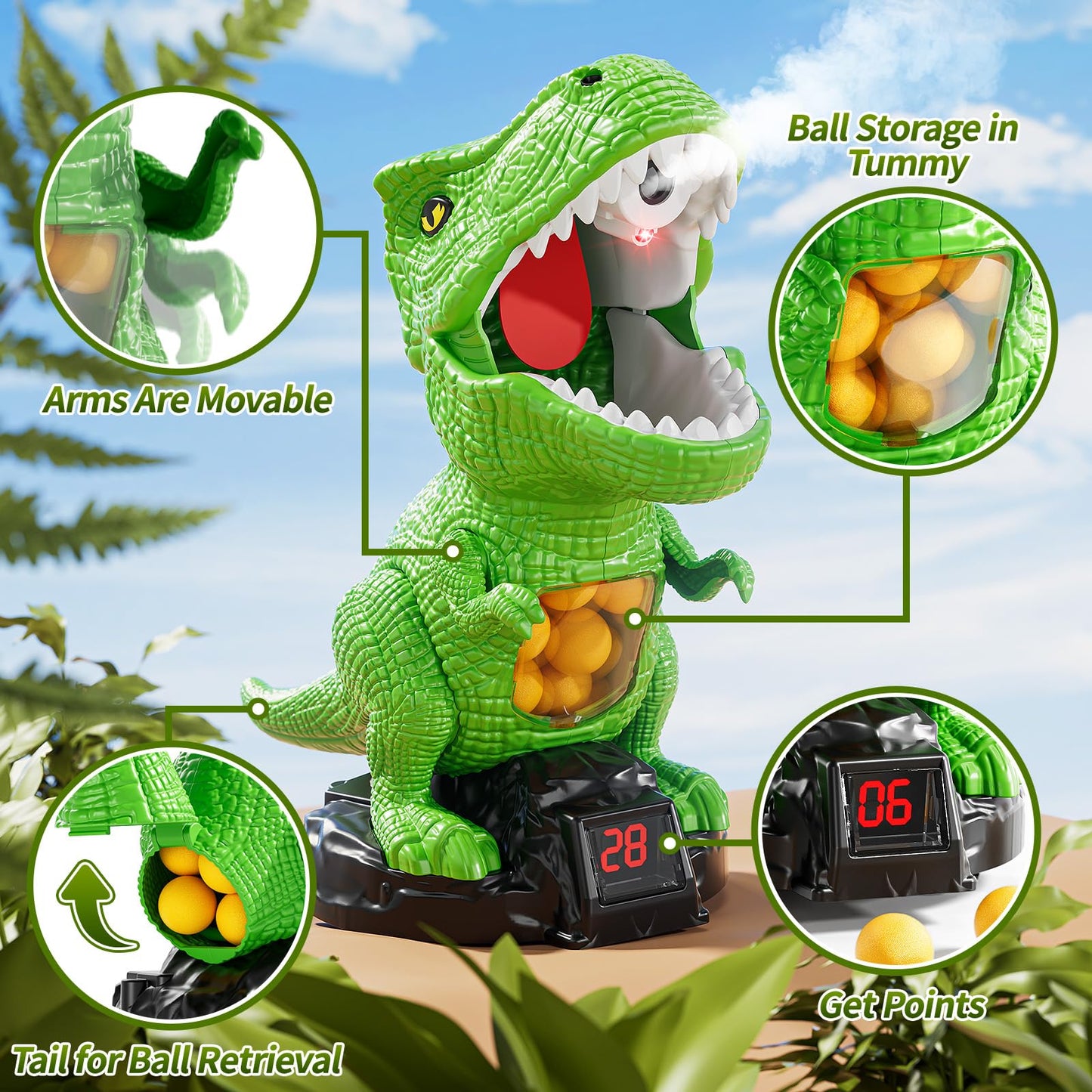 JUKUDAHU Dinosaur Shooting Toy for Kids 3-8 | Moveable Game with 2 Air Pumps & 36 Balls