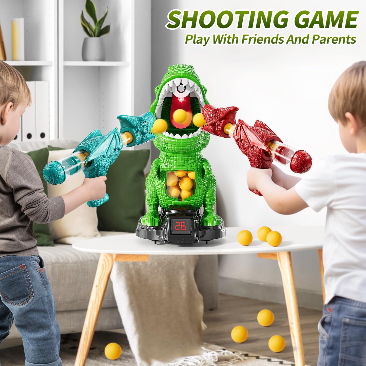 JUKUDAHU Dinosaur Shooting Toy for Kids 3-8 | Moveable Game with 2 Air Pumps & 36 Balls