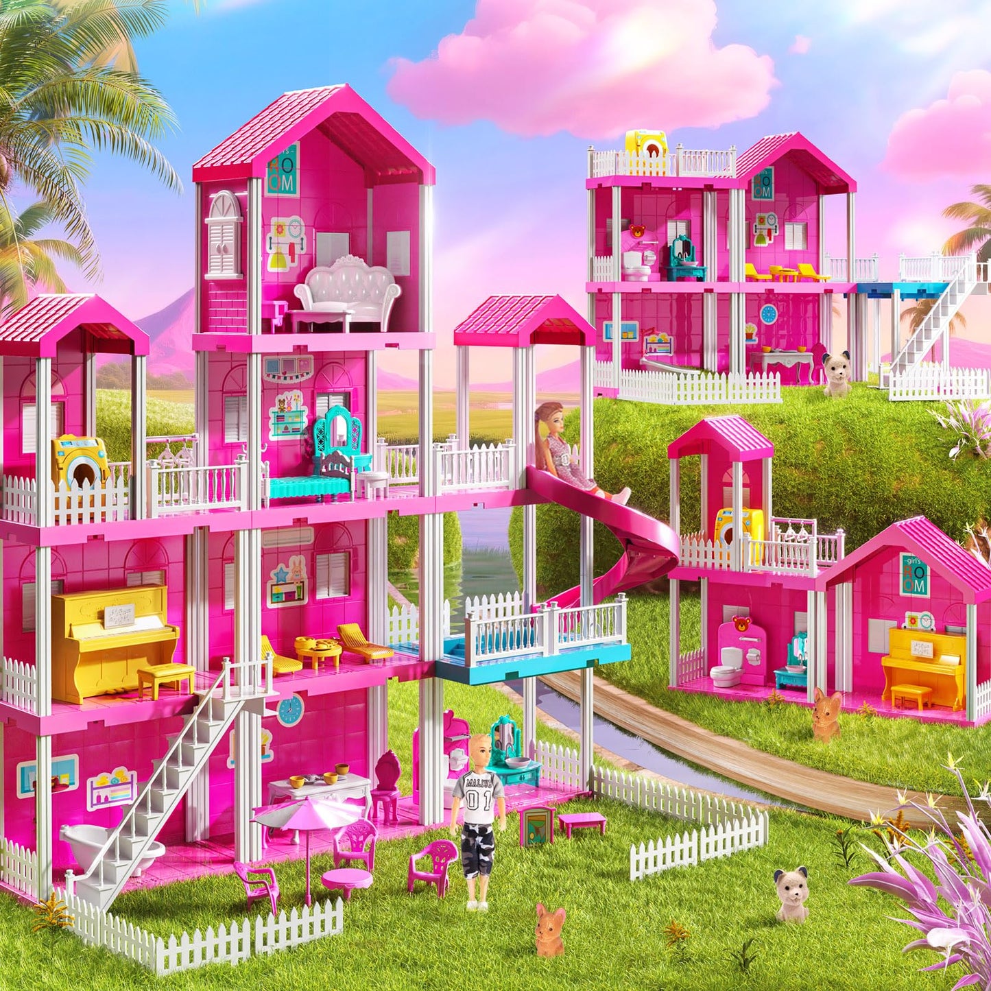 JUKUDAHU Pink Villa Playset – 4-Story Dollhouse with 2 Dolls & 31 Pieces for Kids 3-12