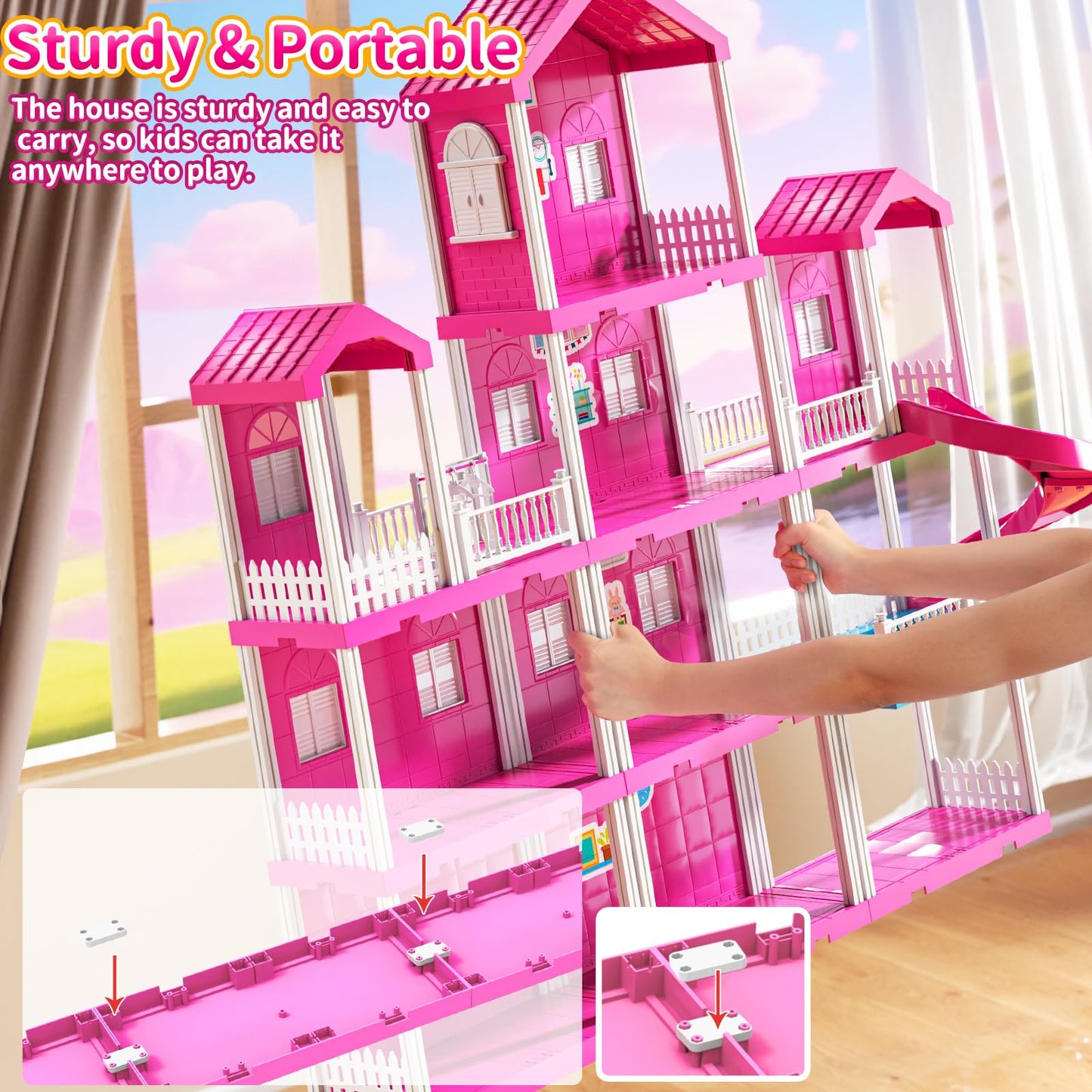 JUKUDAHU Pink Villa Playset – 4-Story Dollhouse with 2 Dolls & 31 Pieces for Kids 3-12
