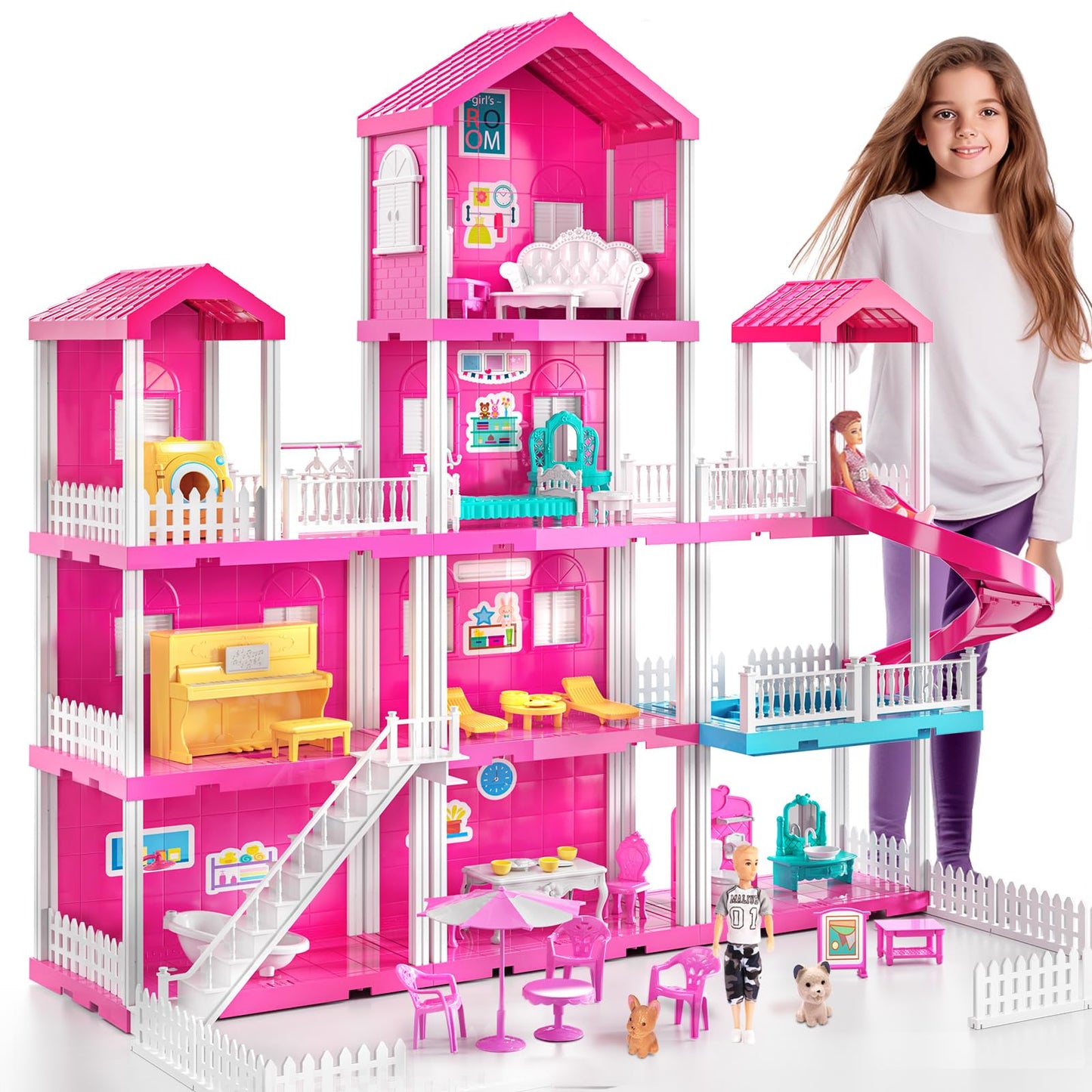 JUKUDAHU Pink Villa Playset – 4-Story Dollhouse with 2 Dolls & 31 Pieces for Kids 3-12