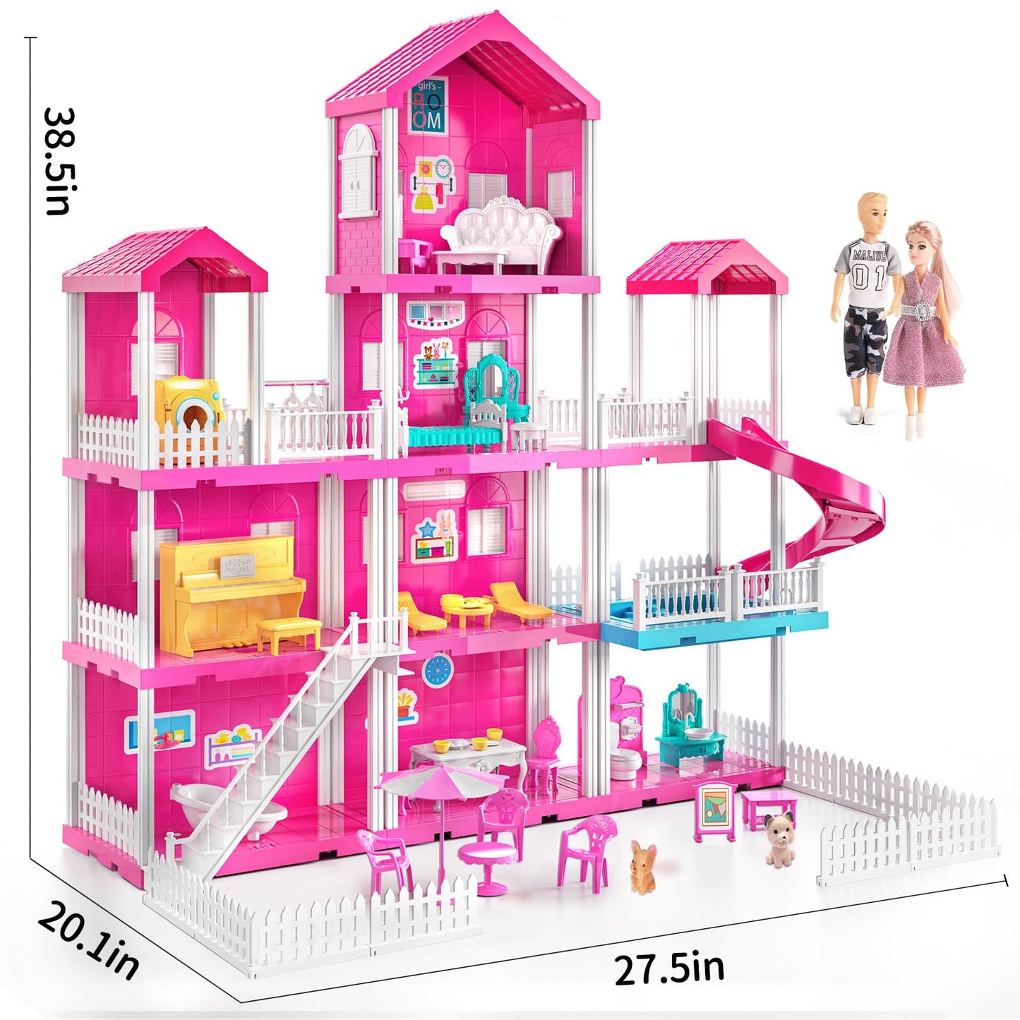 JUKUDAHU Pink Villa Playset – 4-Story Dollhouse with 2 Dolls & 31 Pieces for Kids 3-12