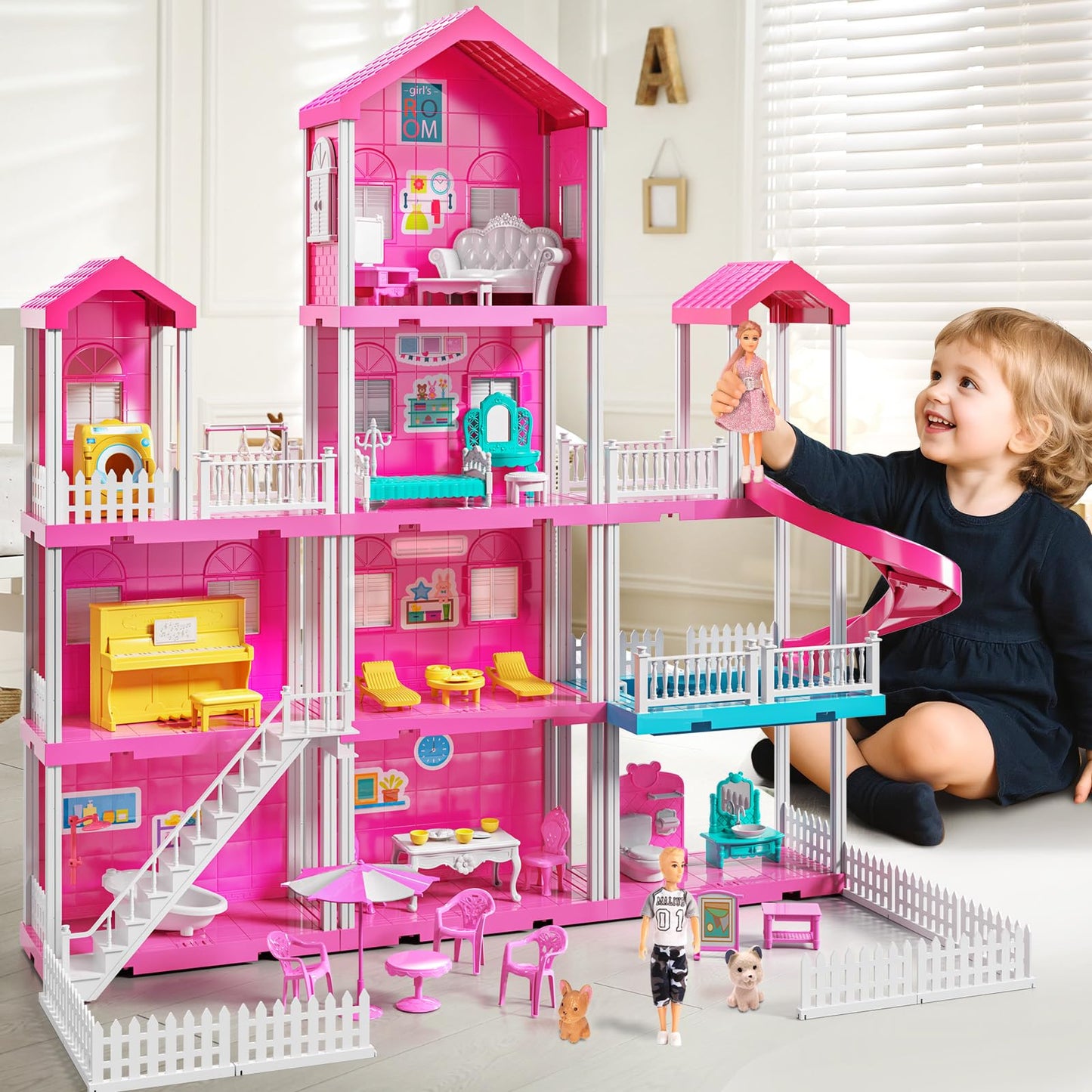 JUKUDAHU Pink Villa Playset – 4-Story Dollhouse with 2 Dolls & 31 Pieces for Kids 3-12