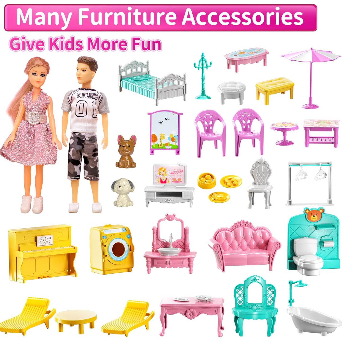 JUKUDAHU Pink Villa Playset – 4-Story Dollhouse with 2 Dolls & 31 Pieces for Kids 3-12