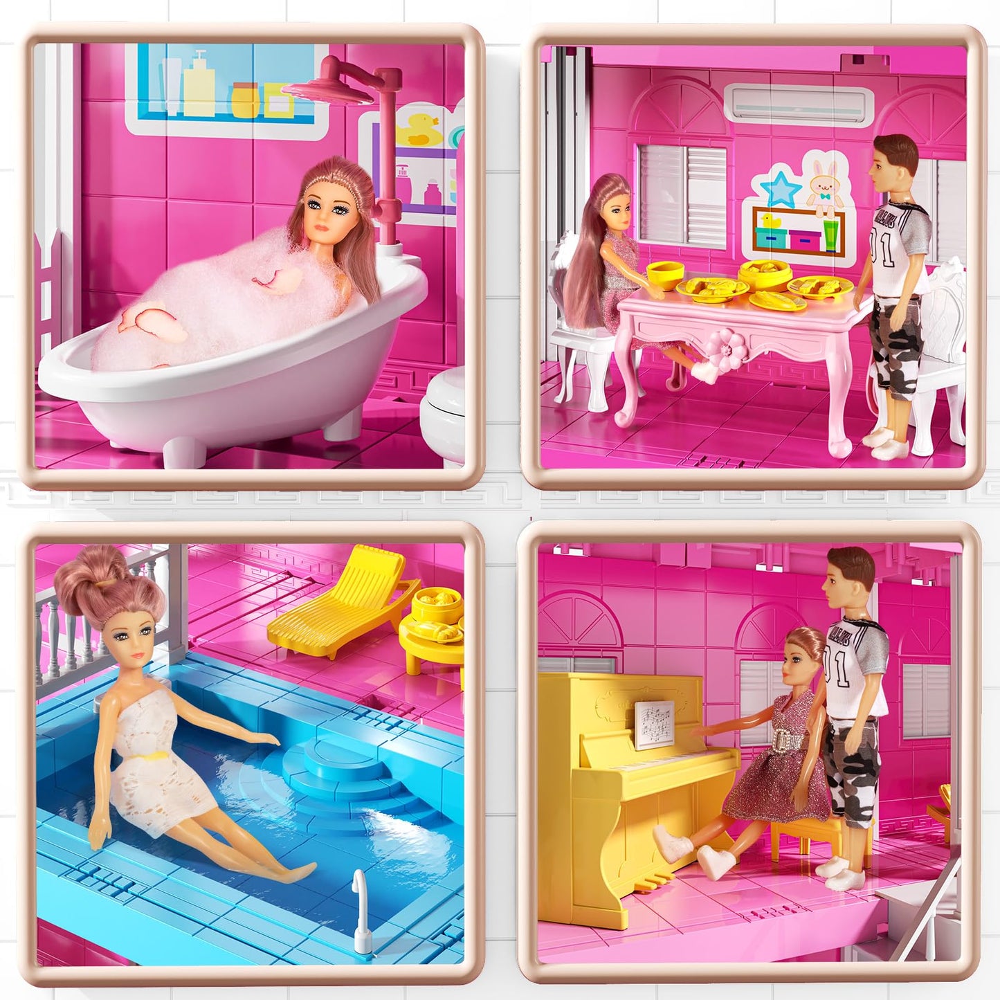 JUKUDAHU Pink Villa Playset – 4-Story Dollhouse with 2 Dolls & 31 Pieces for Kids 3-12