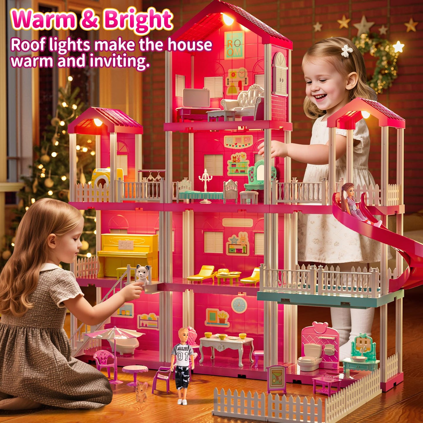 JUKUDAHU Pink Villa Playset – 4-Story Dollhouse with 2 Dolls & 31 Pieces for Kids 3-12