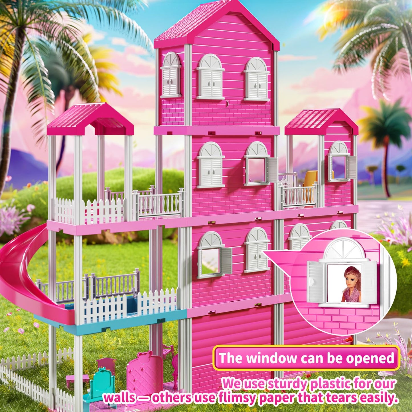 JUKUDAHU Pink Villa Playset – 4-Story Dollhouse with 2 Dolls & 31 Pieces for Kids 3-12
