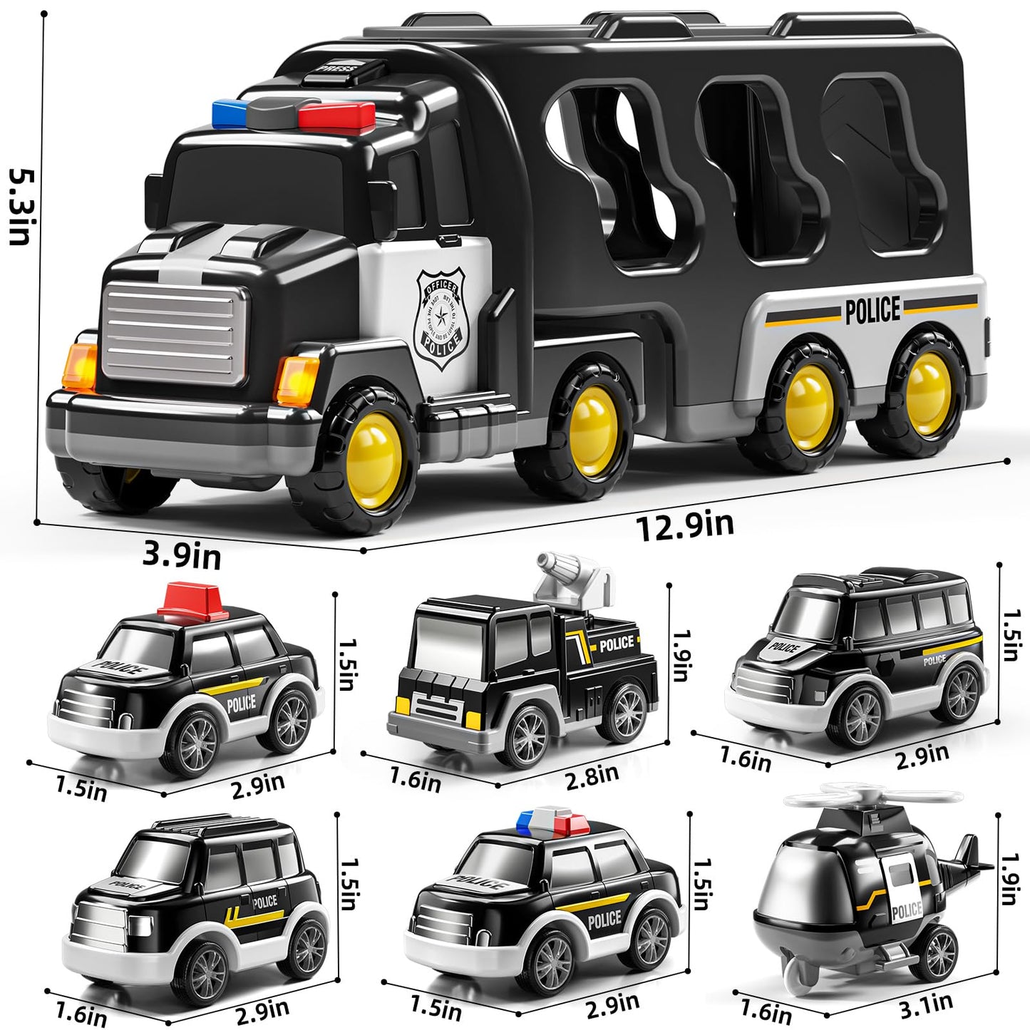 JUKUDAHU 7-in-1 Police Truck Carrier Toy Set for Kids 3-9 – Friction Powered Vehicles