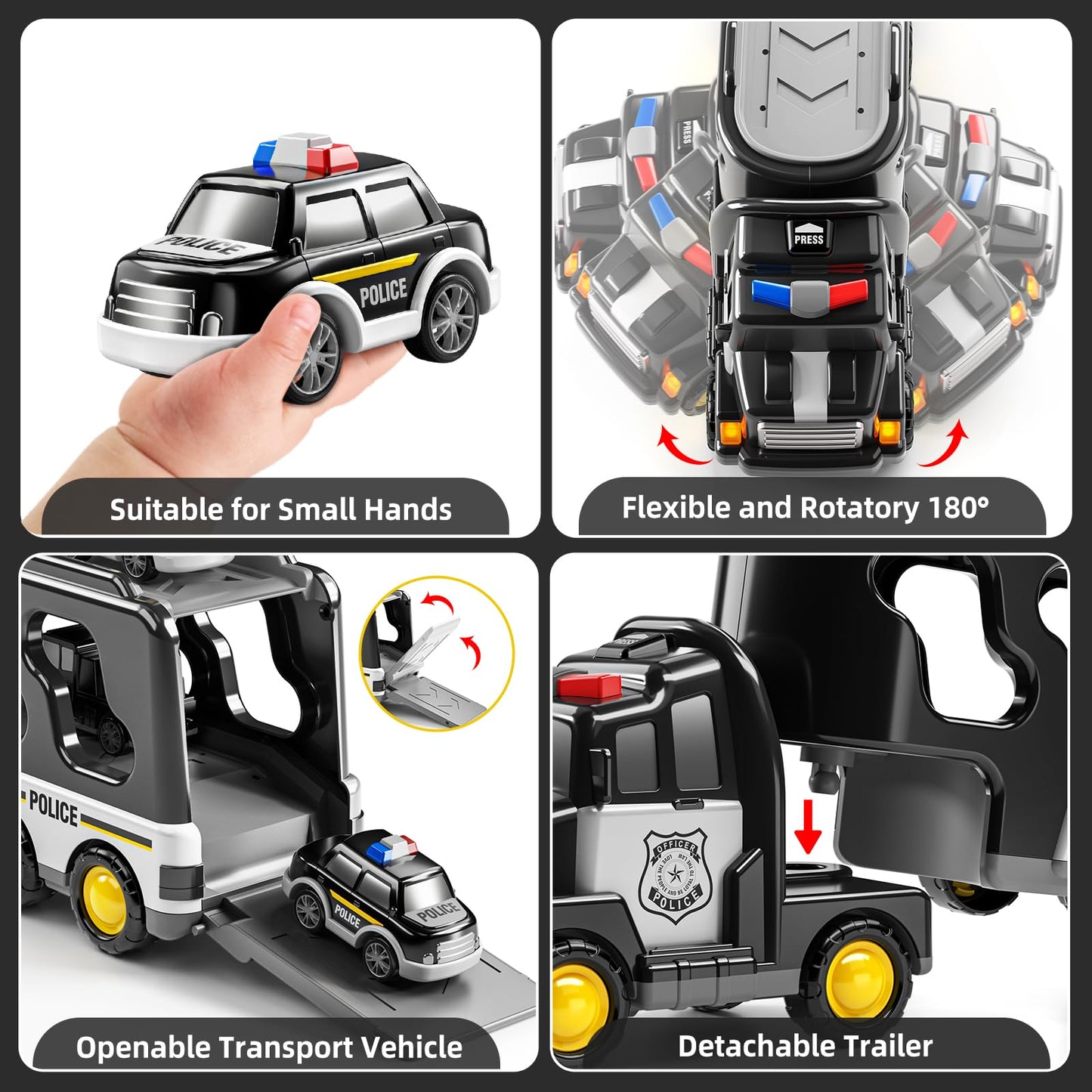 JUKUDAHU 7-in-1 Police Truck Carrier Toy Set for Kids 3-9 – Friction Powered Vehicles