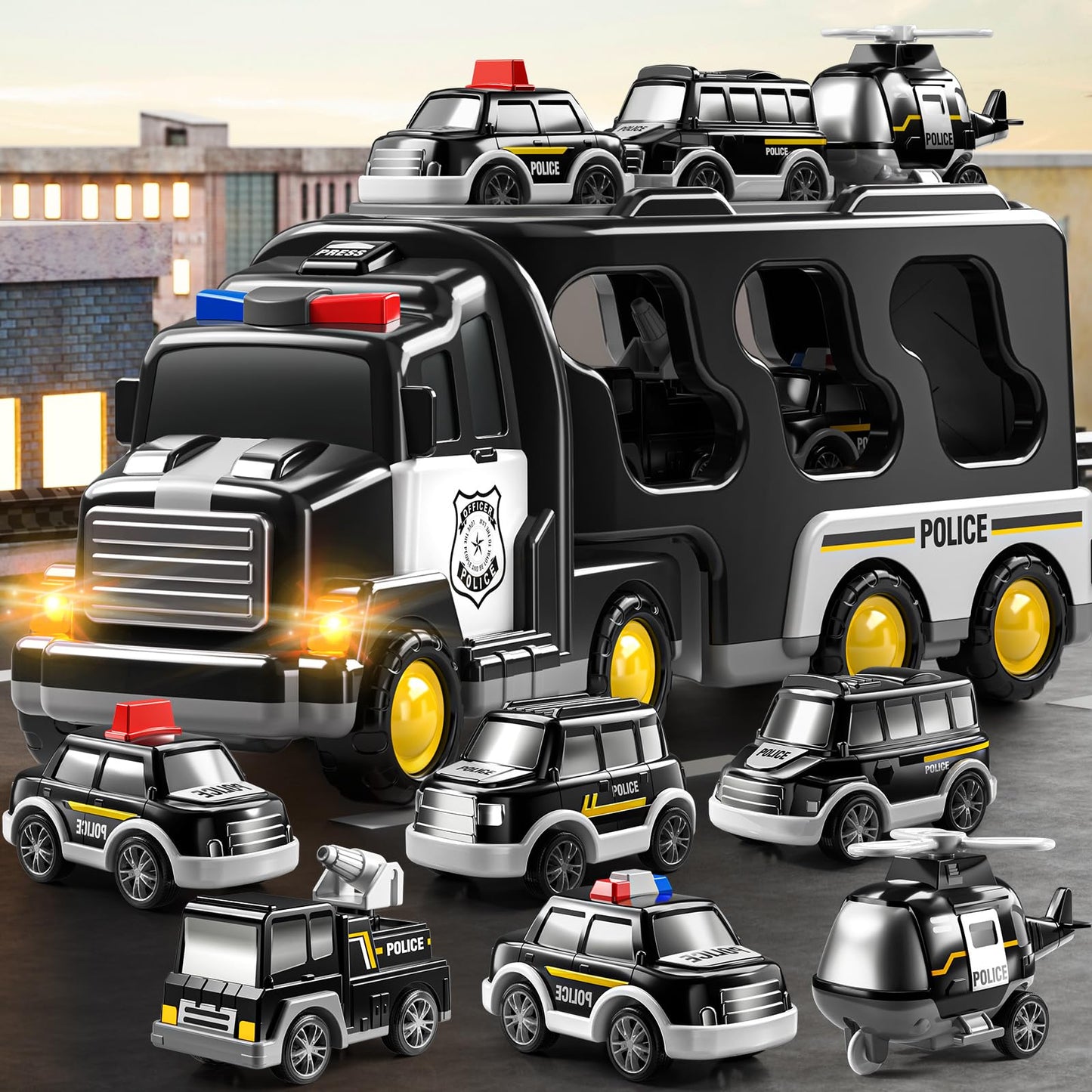 JUKUDAHU 7-in-1 Police Truck Carrier Toy Set for Kids 3-9 – Friction Powered Vehicles