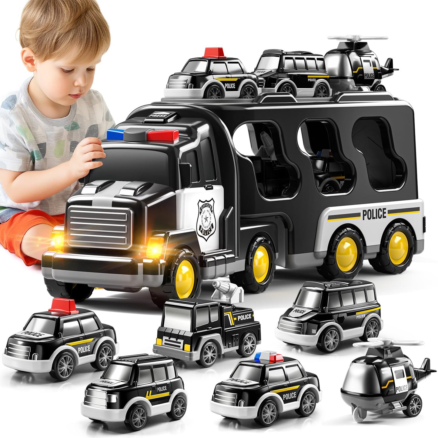 JUKUDAHU 7-in-1 Police Truck Carrier Toy Set for Kids 3-9 – Friction Powered Vehicles