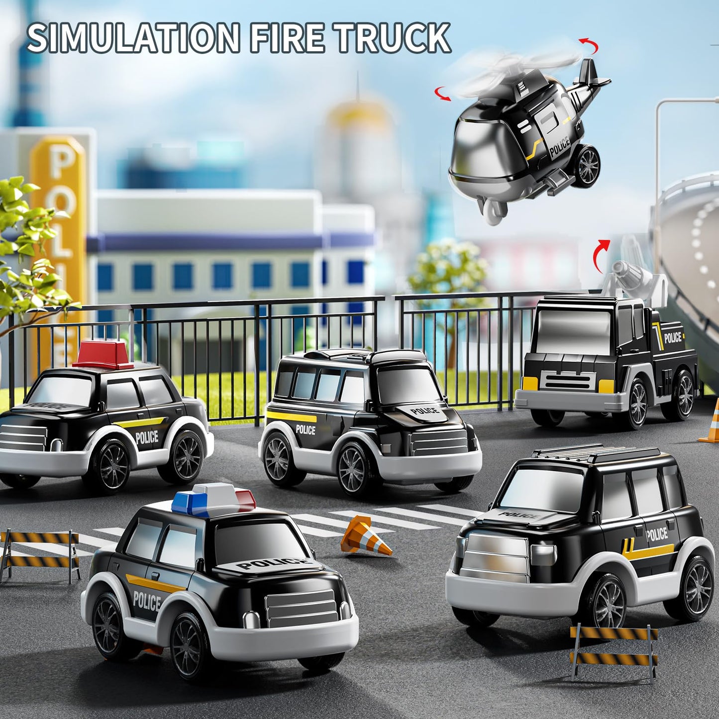 JUKUDAHU 7-in-1 Police Truck Carrier Toy Set for Kids 3-9 – Friction Powered Vehicles